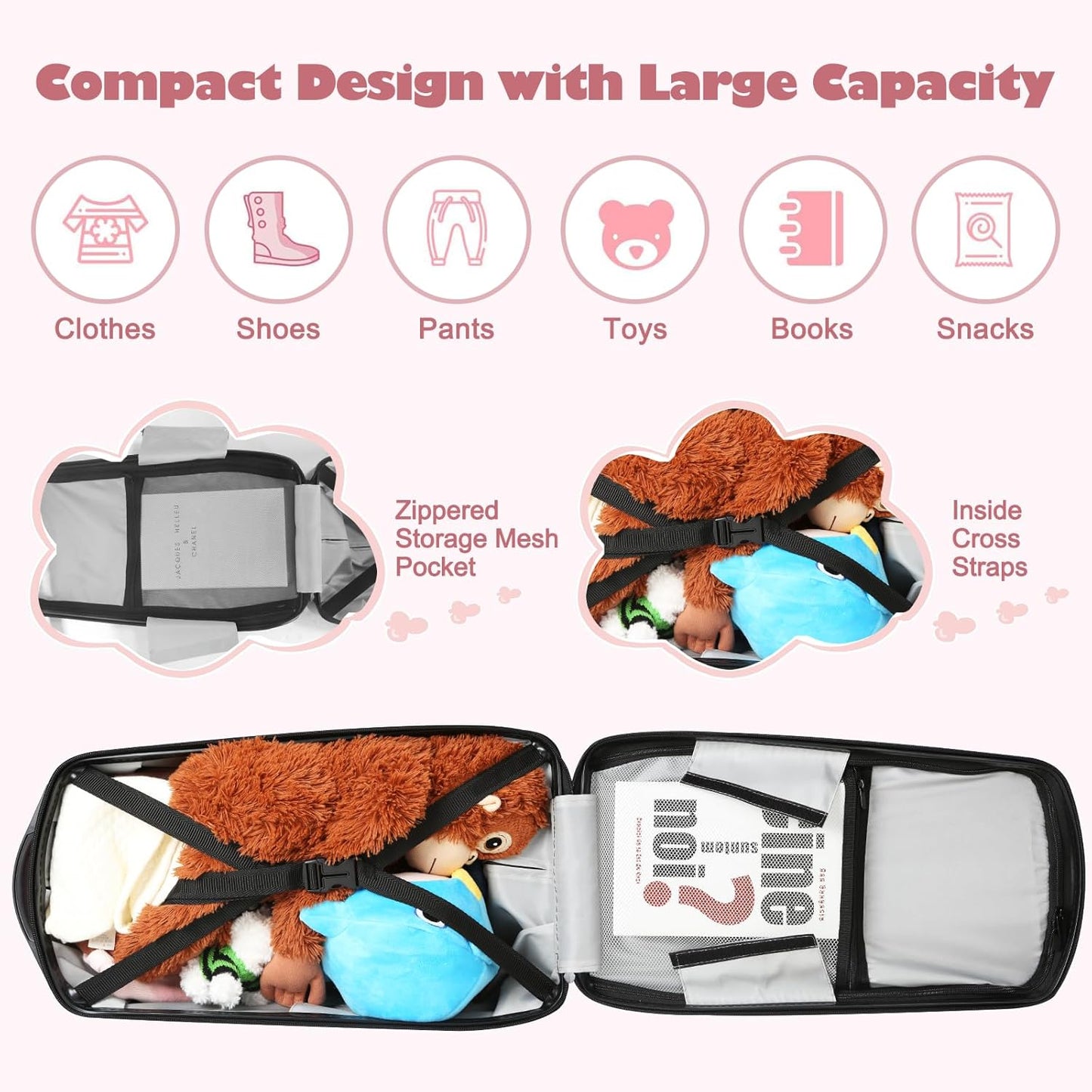 iubest Scooter Luggage Carry On Scooter Suitcase for Kids Age 4-15, Detachable & Foldable 4 in 1 Kids Suitcase, Multifunctional Ride On Travel Trolley Scooter Combo-Rose Pink