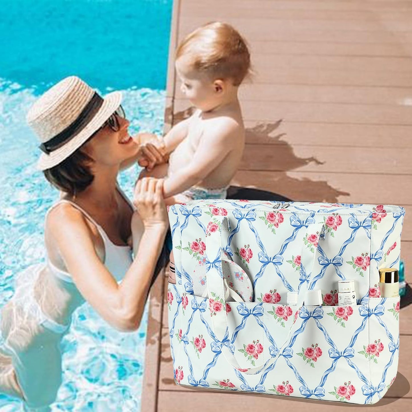 LEDAOU Beach Bag Waterproof Sandproof Women Tote Bag Pool Bag with Zipper for Gym Grocery Travel with Wet Pocket