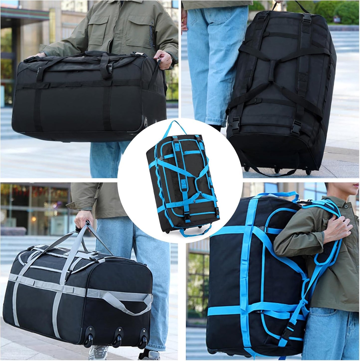 Foldable Rolling Duffle Bag with Wheels, 85L Extra Large Wheeled Travel Duffel, Waterproof Collapsible Weekender Luggage with Rollers for Storage Camping Sports Outdoor, Blue