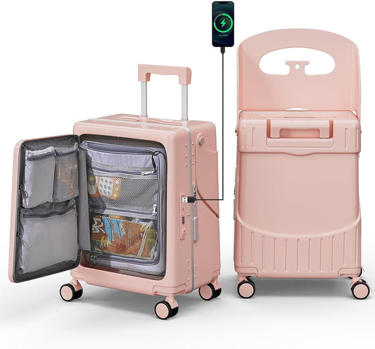 20" Hardshell Carry On Suitcase with Seat for Kids & Adults,Travel Luggage with Front Pocket & 4 Lockable Spinner Wheels, TSA Lock, USB Port, Luggage Cover, Safty Seatbelt