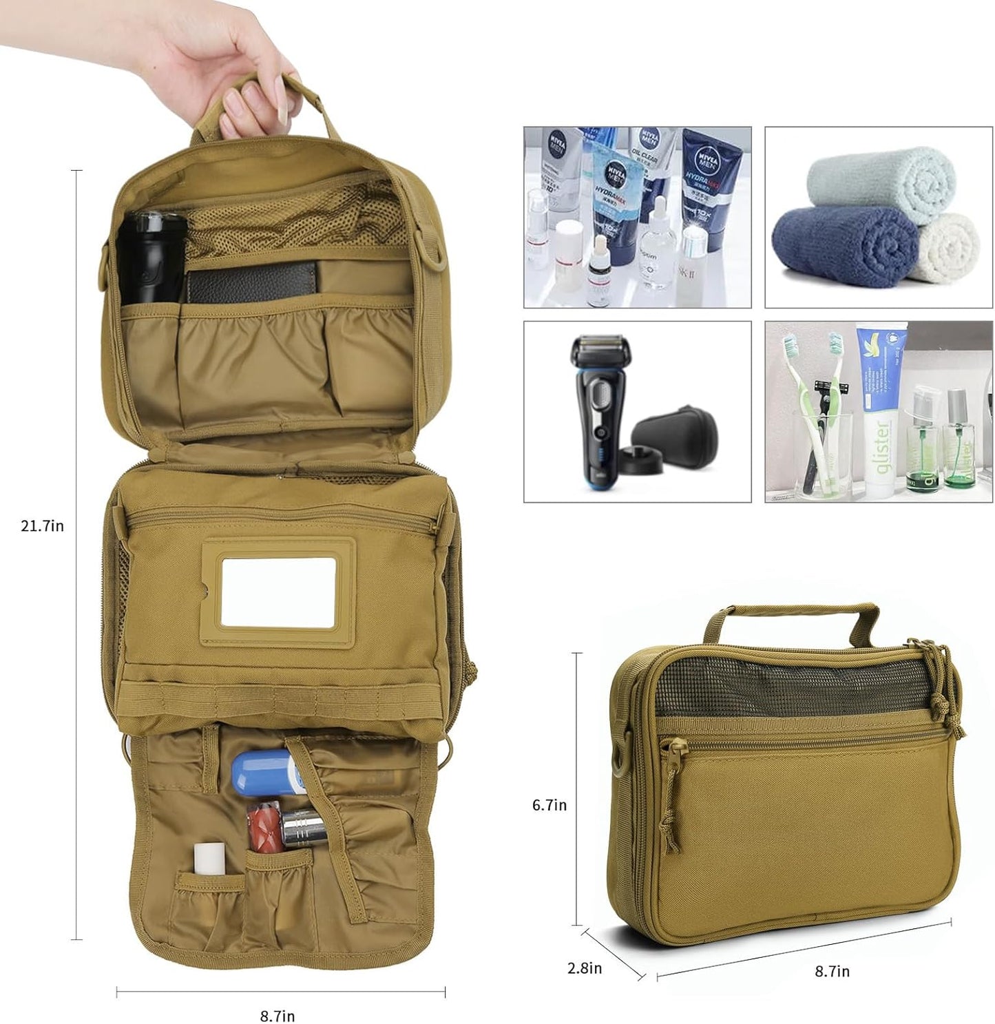 Toiletry Bag for Men Travel, Men's Hanging Toiletry Bag, Portable Dopp Kit Organizer with Hook - Shaving Bag, Tactical Travel Essentials Khaki（No molle）