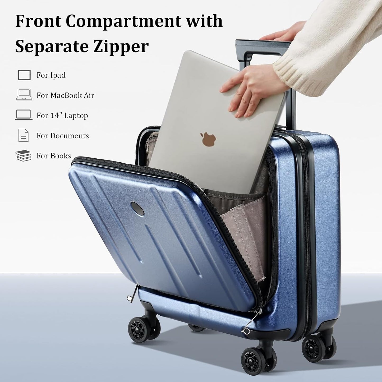 16" Carry On Briefcase Luggage with 2 Laptop Compartments, Lightweight Hardshell Suitcase with Spinner Silent Wheels, for Commute Work Business Trip, Dark Blue