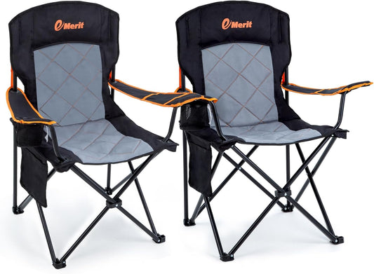 EMERIT 2 Pack Oversized Padded Camping Chair, 350LB Heavy Duty Quad Fold Chair with Arms, Collapsible Outdoor Chairs with Lumbar Back & Cup Holder