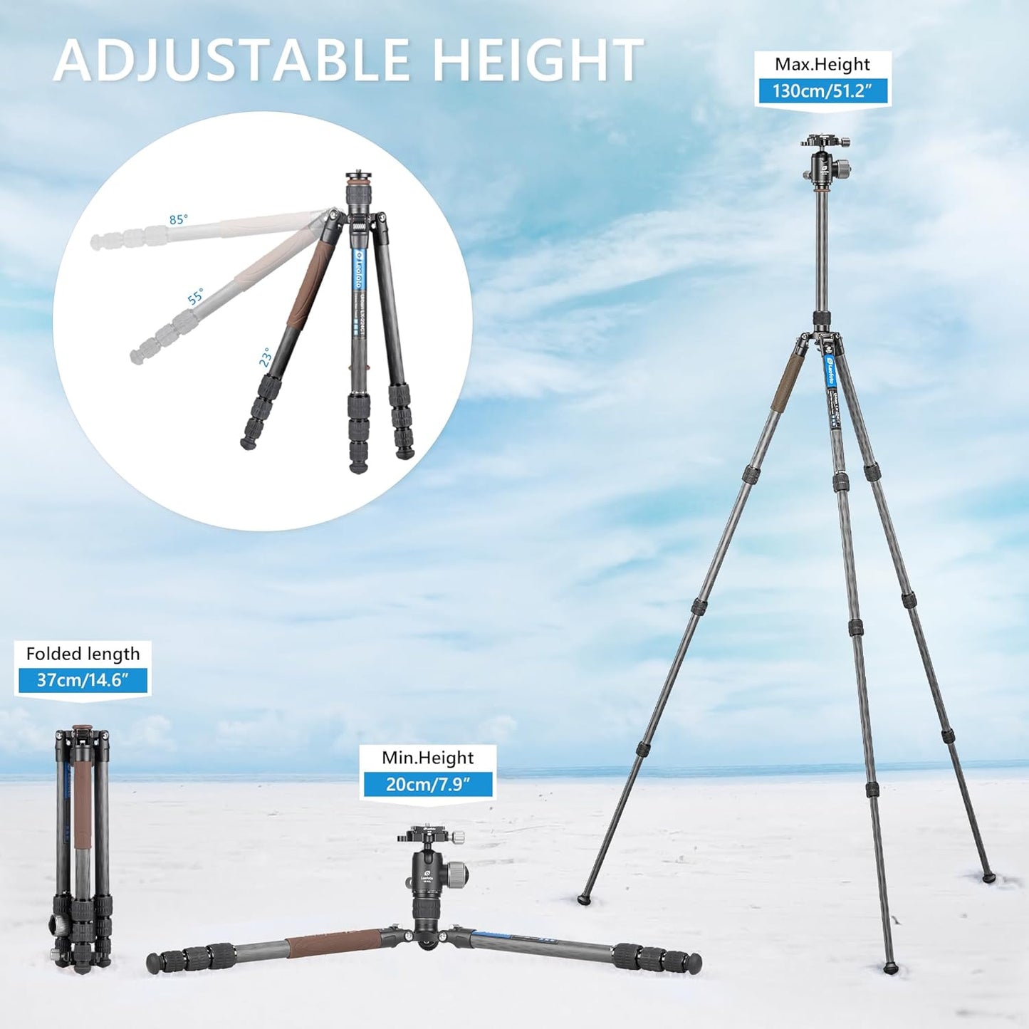 Carbon Fiber Lightweight Travel Tripod with 360° Ball Head, Removable Center Column, Folded Height 37cm, Weight 1.12kg, Maximum Load 8KG（LX-224CT+XB-32Q）