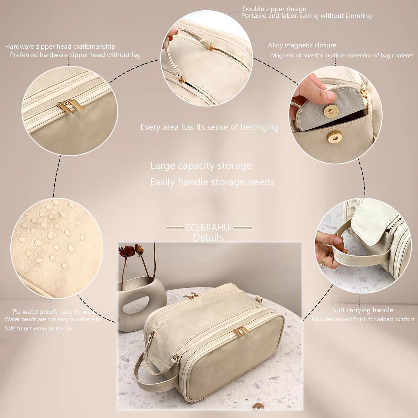 Travel Toiletry Bag for Women PU Triple-layer Double Zipper Toiletry Bags,Toiletries bag Women Waterproof with Handle Stowable Brushes, Toiletries Makeup for Business Trips Camping Bathroom Beige