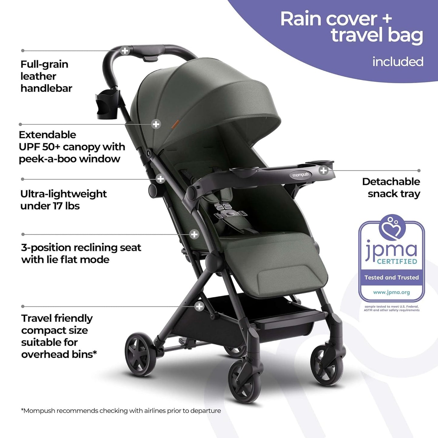 Mompush Lithe V2 Lightweight Travel Stroller, Compact Foldable Baby Stroller with Travel Bag, One-Hand Fold Stroller, Snack Tray, Mechanical Recline Seat, Airplane-Ready, UPF 50+ Canopy & Rain Cover