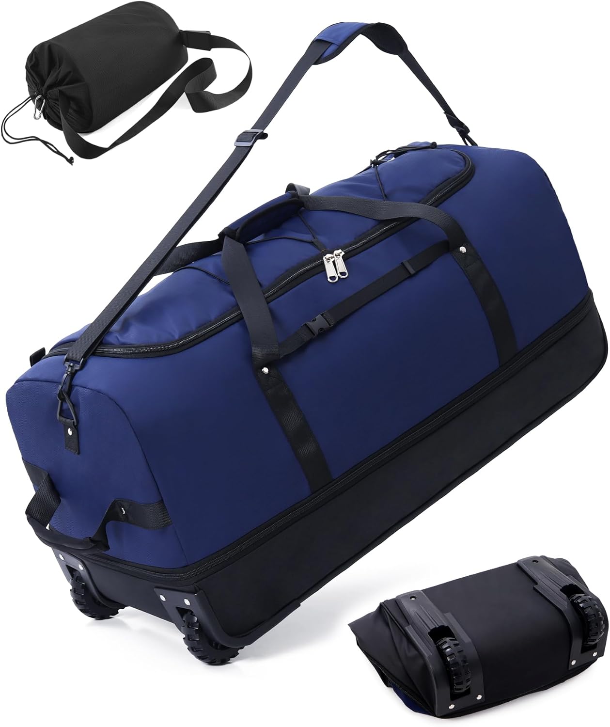 CONTAIL 32”110L Expandable 140L Rolling Duffle Bag with 2 Inline Wheels,Convertible Weekend Travel Bag with Bungee-Cord System,Navy