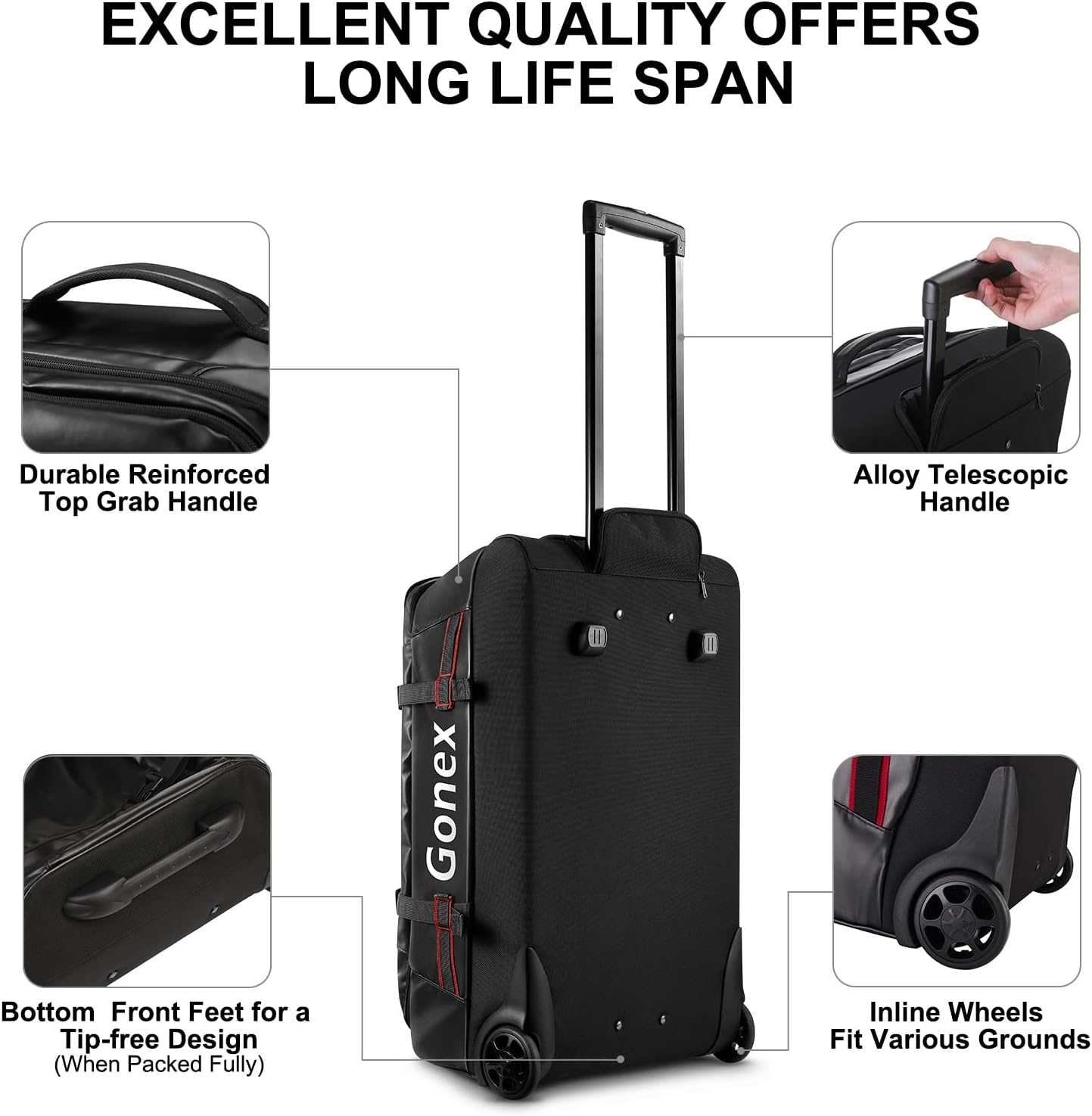 Gonex Rolling Duffle Bag with Wheels, 70L Water Repellent Wheeled Travel Duffel Luggage with Rollers 25 inch, Black
