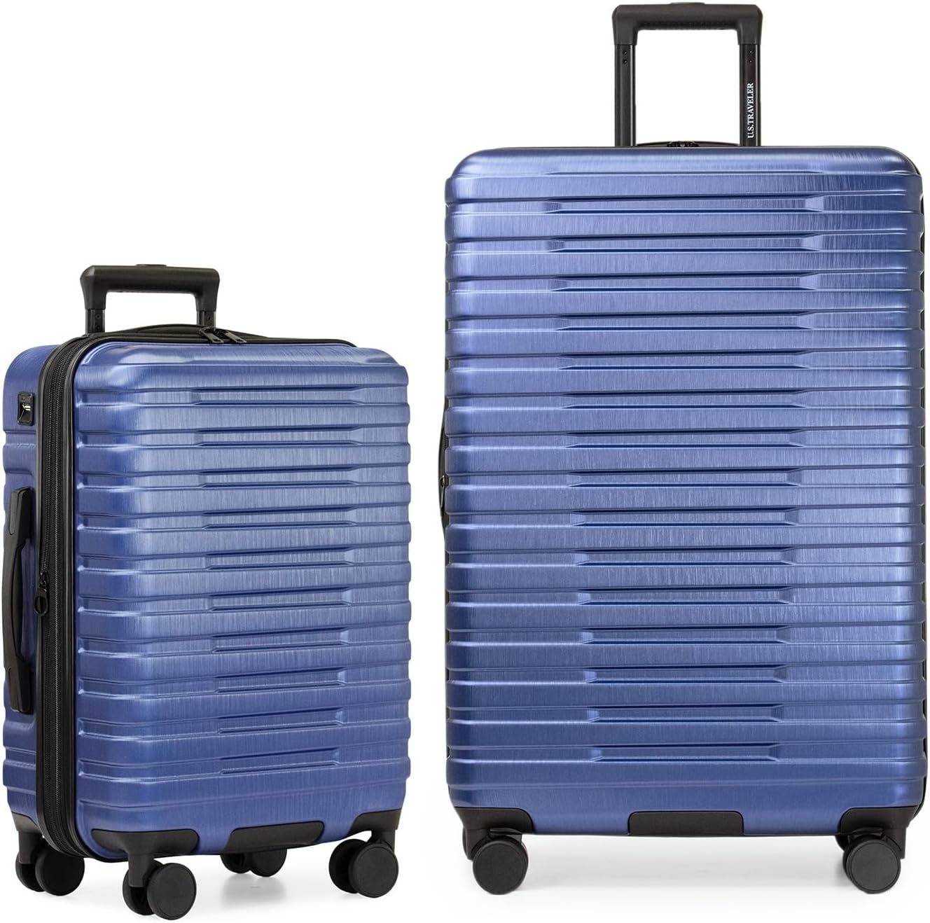 U.S. Traveler Boren Polycarbonate Hardside Rugged Travel Suitcase Luggage with 8 Spinner Wheels, Aluminum Handle, Navy, 2-Piece Set, USB Port in Carry-On