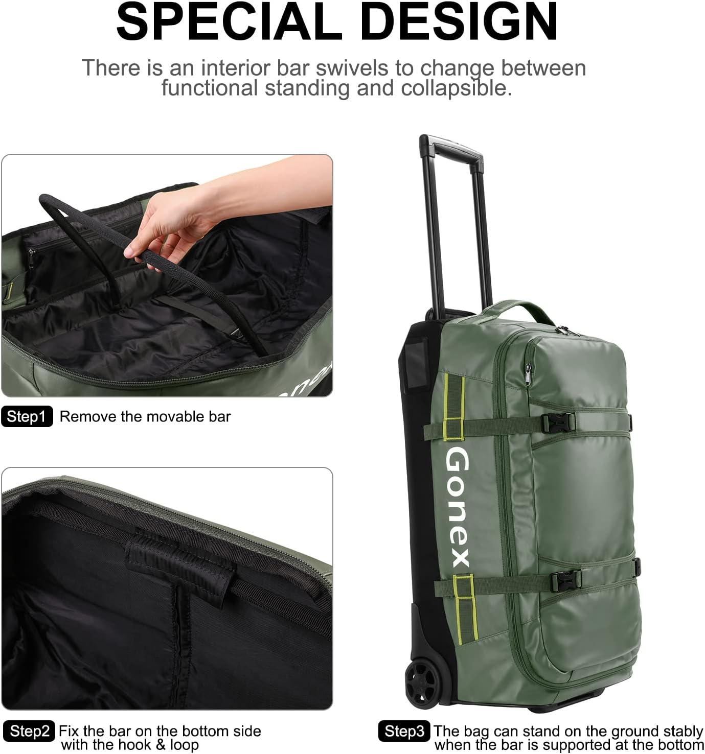 Gonex Rolling Duffle Bag with Wheels, 70L Water Repellent Wheeled Travel Duffel Luggage with Rollers 25 inch, Olive Green