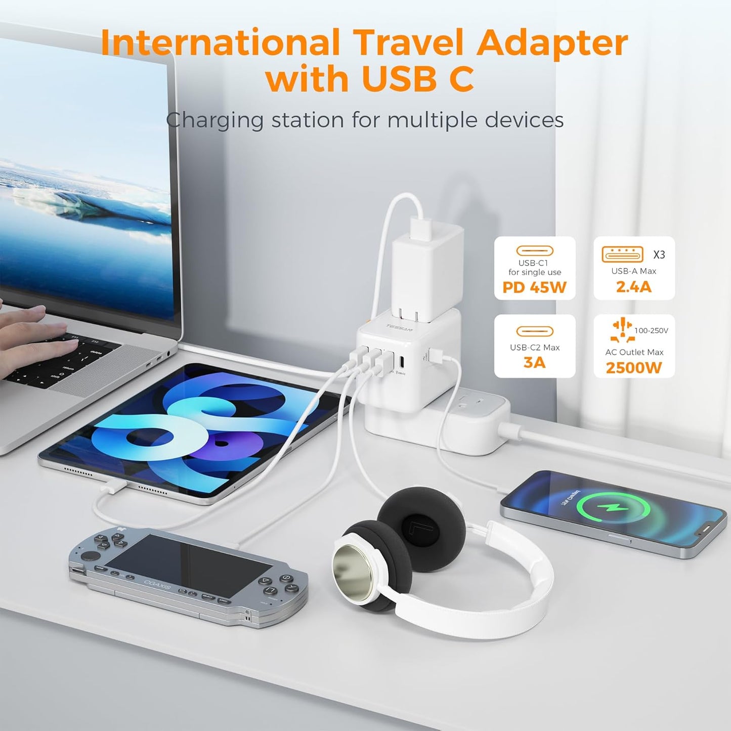 TESSAN Universal Travel Adapter, 45W International Plug Adaptor with 2 USB C 3 USB A Ports, Travel Worldwide Power Outlet for US to European EU UK AUS Ireland(Type C/G/A/I)