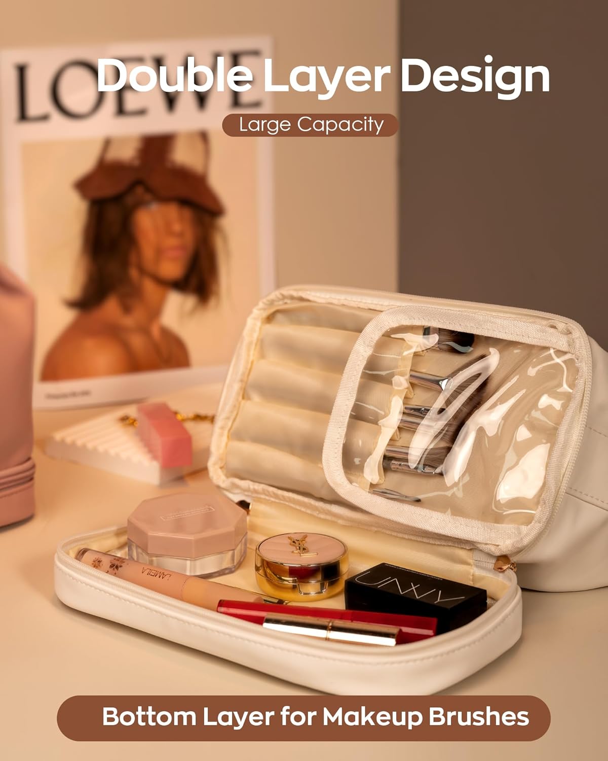 Personalized Gifts for Women Unique, Makeup Bag with Handle, Initial Double Layer Cosmetic Bag with Makeup Brush Organizer, Cute Cosmetic Pouch for Women, Gifts for Friends Female Mom