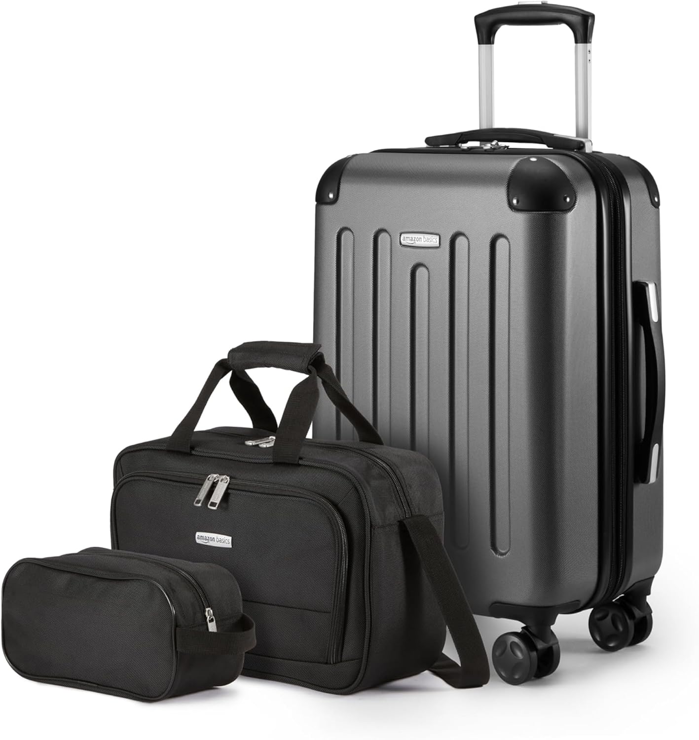 Amazon Basics 3-Piece Luggage Set, Including Carry-On Luggage (22" Expandable Hardside Suitcase With 8 Spinner Wheels), 15" Tote Bag, and 10" Compact Travel Bag, Black