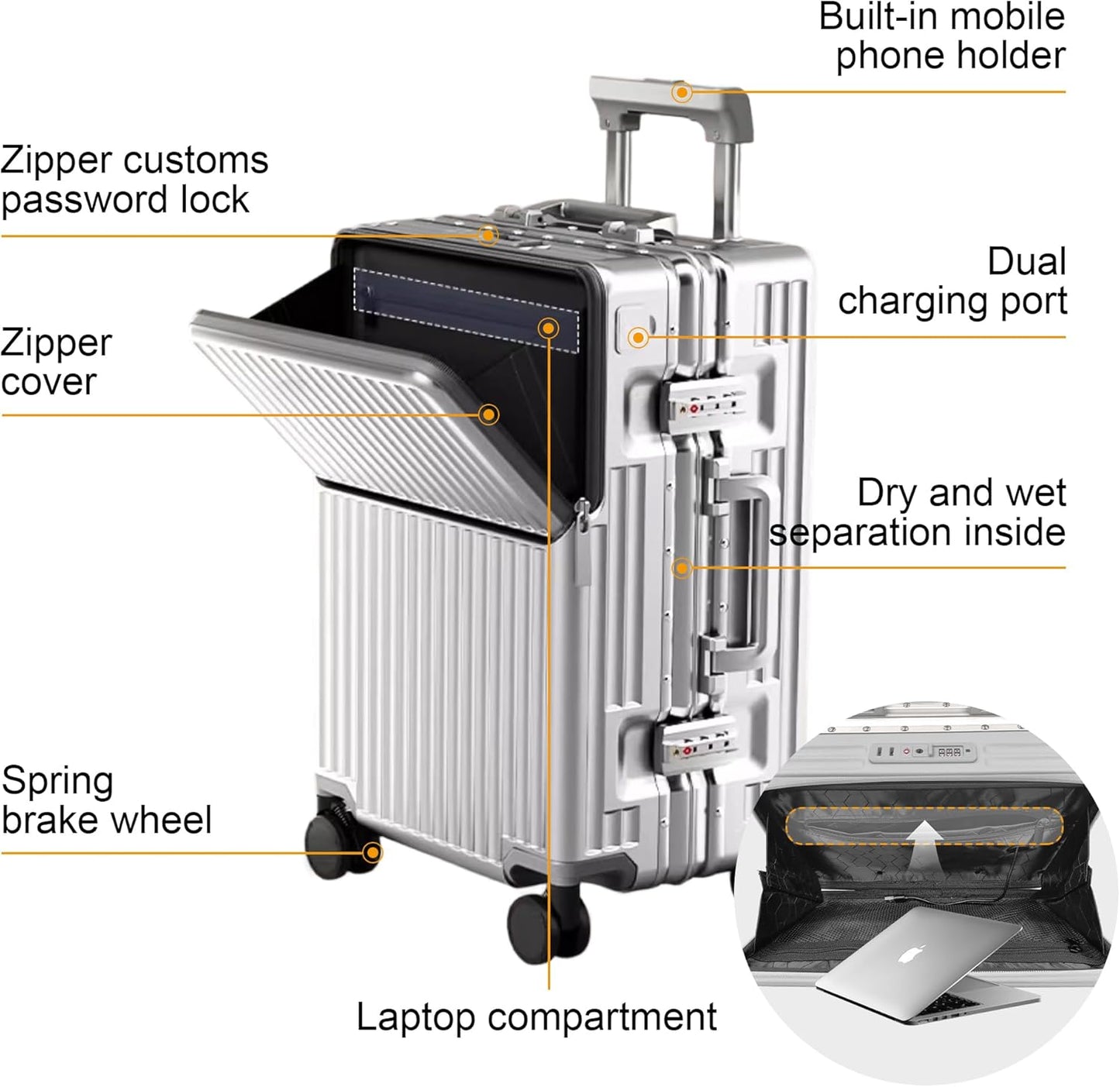 Hard Shell Luggage 20 Inch Travel Suitcase, 22x14x9 Airline Approved with TSA Lock, ABS Aluminum Frame, Lightweight Travel Luggage 20'' 24'' 26'' Carry-on Luggage (Upgraded Silver, 20 Inch)