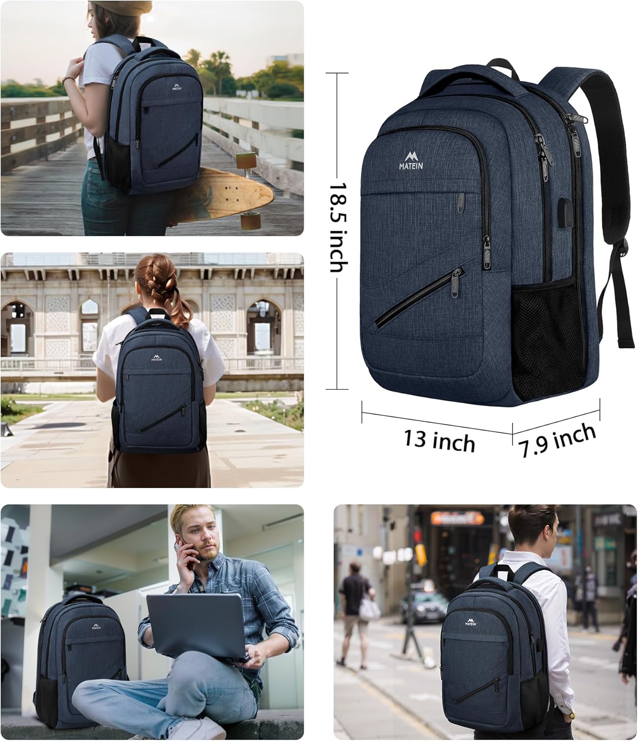 MATEIN 17 Inch Laptop Backpack, Large College Backpack Carry On TSA Approved with Trolley Sleeve, Computer Work Bag with USB Charging Port, Water Resistant Travel Daypack for Men, Dark Blue