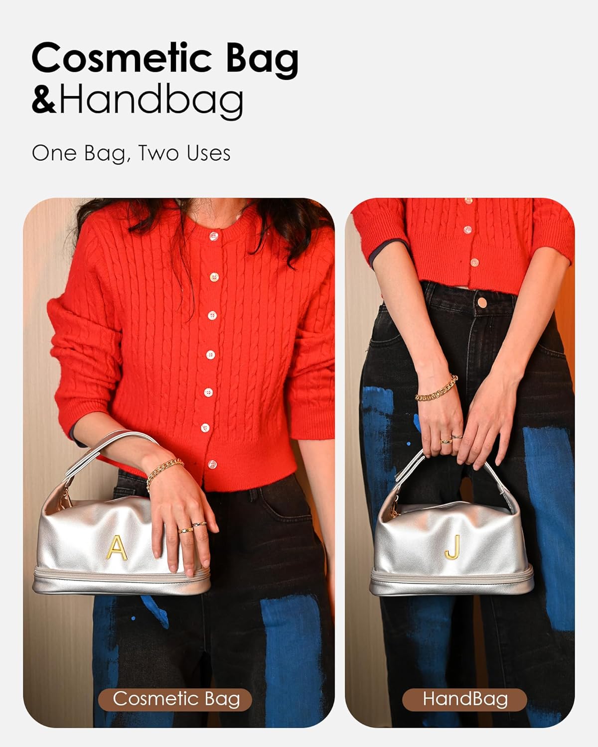 Personalized Gifts for Women Unique, Makeup Bag with Handle, Initial Double Layer Cosmetic Bag with Makeup Brush Organizer, Cute Cosmetic Pouch for Women, Gifts for Friends Female Mom