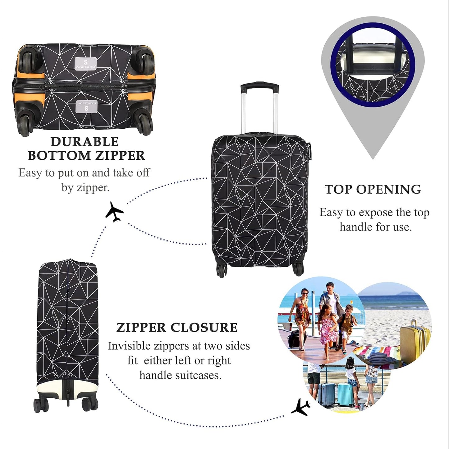 Explore Land Travel Luggage Cover Suitcase Protector Fits 27-30 Inch Case (Black Polygonal, L)