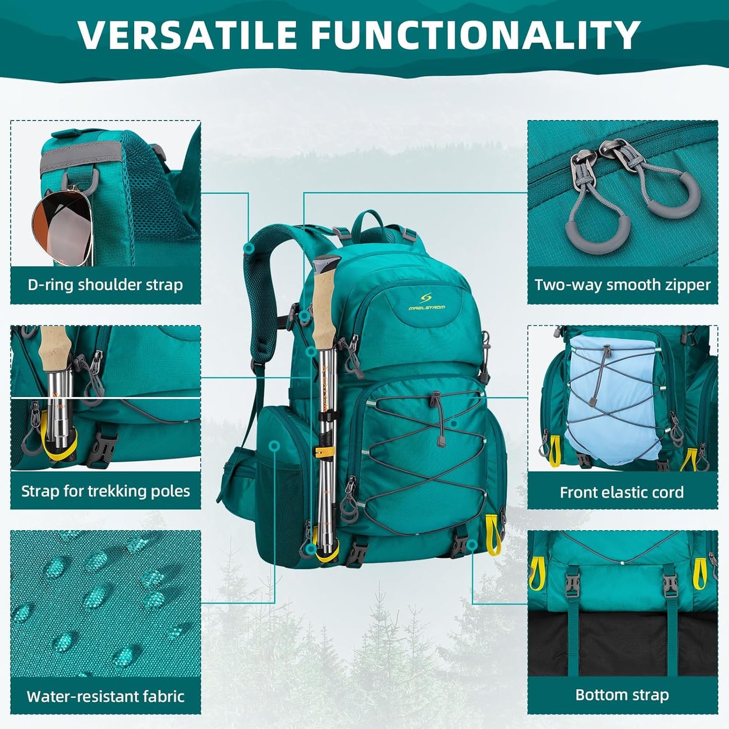 Maelstrom Hiking Backpack,40L Waterproof Camping Backpack,Men Women Packable Hiking Daypack with Rain Cover,Lightweight Travel Backpack-Green