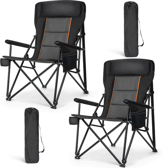 HIGH POINT SPORTS Oversized Folding Camping Chairs for Adults, High Backrest Heavy Duty Lawn Chairs Support 500 LBS Portable Collapsible Camp Chairs with Cup Holders,Side Pocket, 2 Pack, Black