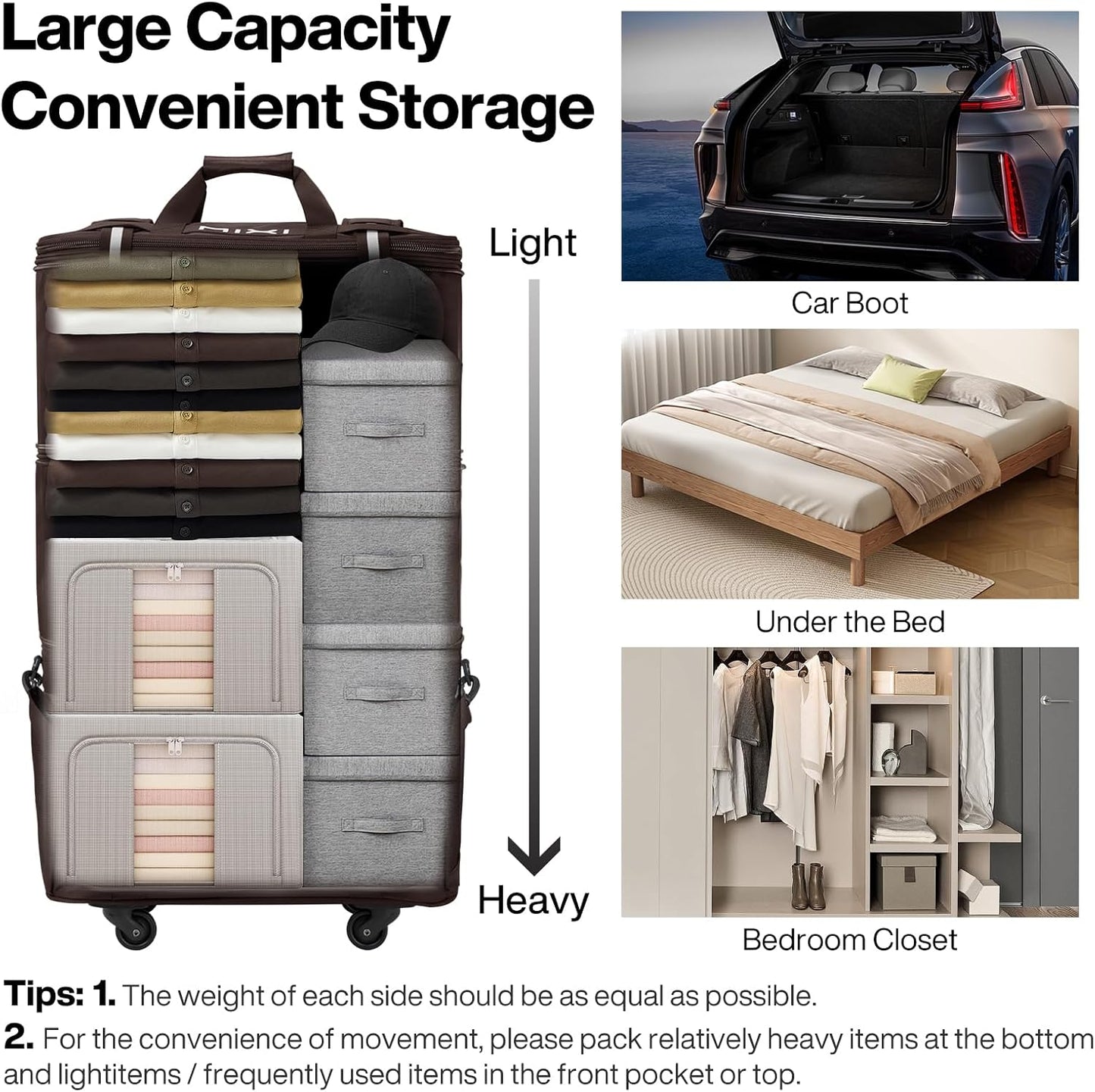 mixi Travel Bag with Wheels Expandable Foldable Luggage Bag Collapsible Rolling Travel Duffel Bags Large Capacity Suitcase for Men Women, Brown