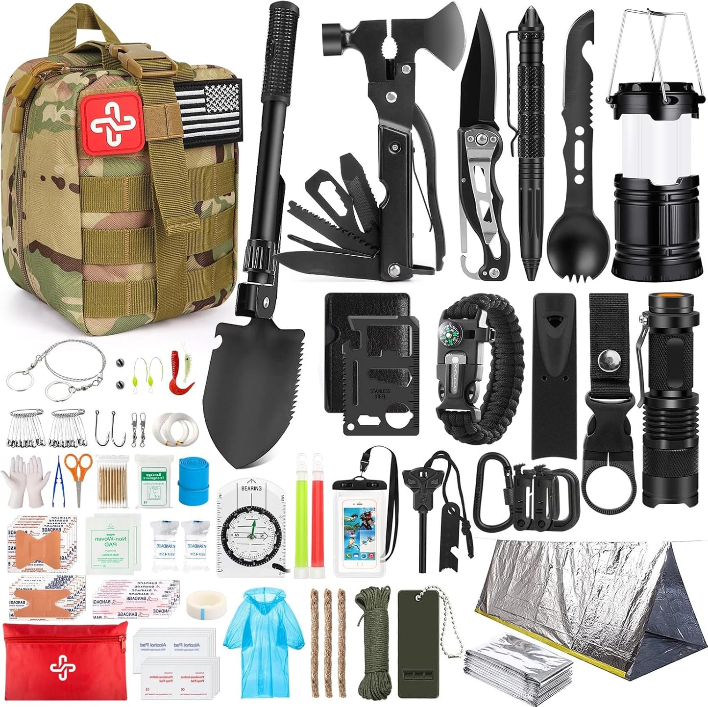 Survival Kit, 250Pcs Survival Gear First Aid Kit with Molle System Compatible Bag and Emergency Tent, Emergency Kit for Earthquake, Outdoor Adventure, Hiking, Hunting, Gifts for Men Women