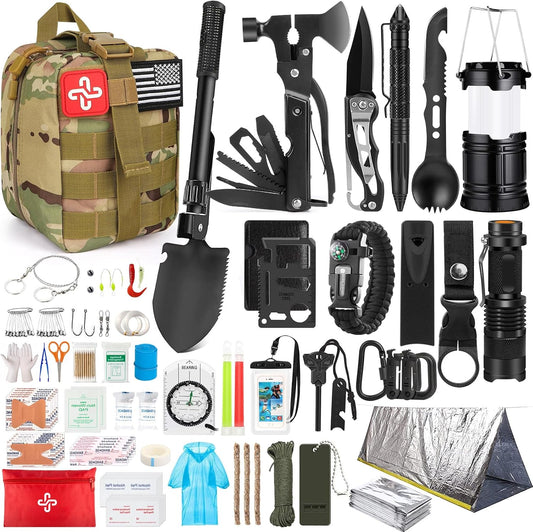 Survival Kit, 250Pcs Survival Gear First Aid Kit with Molle System Compatible Bag and Emergency Tent, Emergency Kit for Earthquake, Outdoor Adventure, Hiking, Hunting, Gifts for Men Women