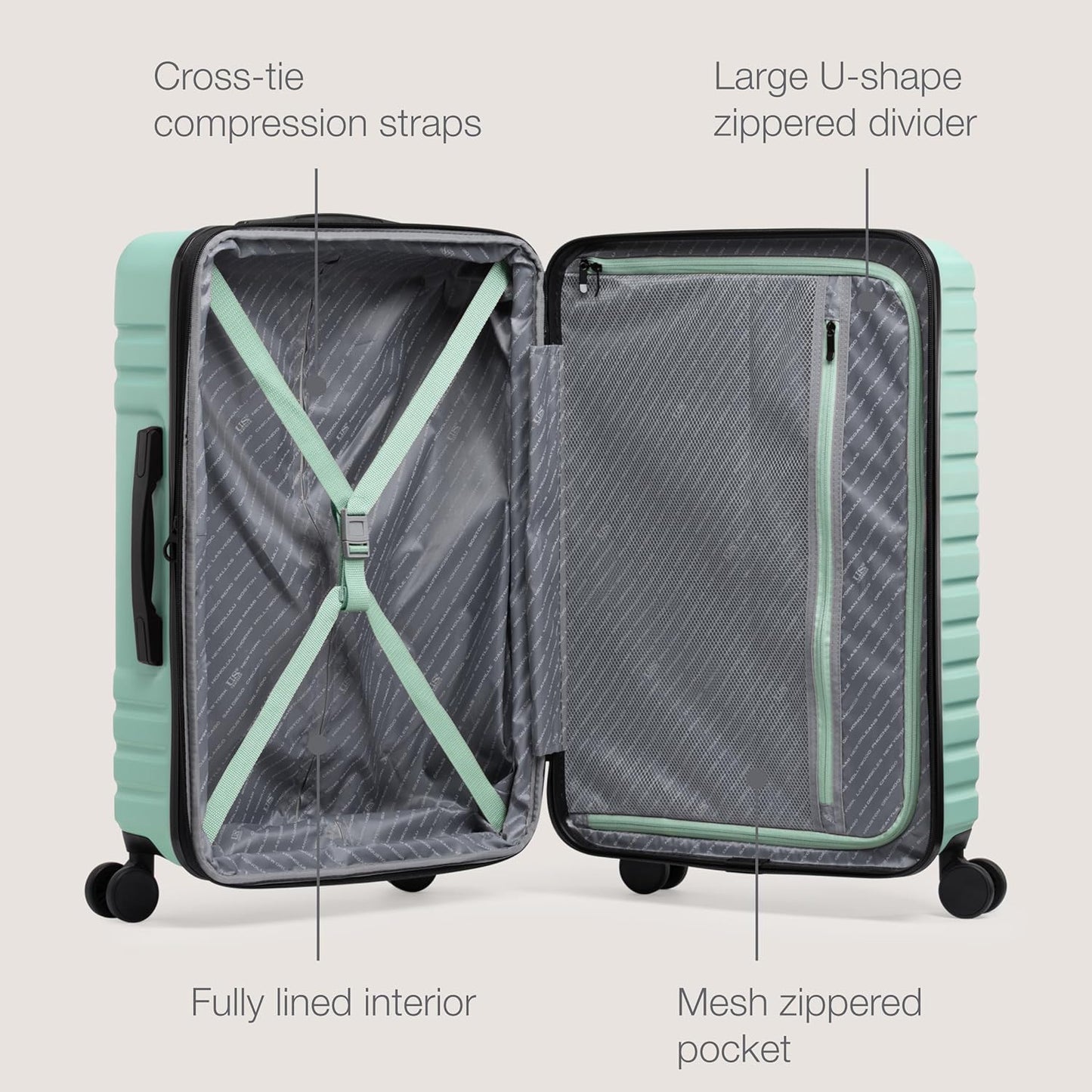 U.S. Traveler Boren Polycarbonate Hardside Rugged Travel Suitcase Luggage with 8 Spinner Wheels, Aluminum Handle, Mint, 2-Piece Set, USB Port in Carry-On