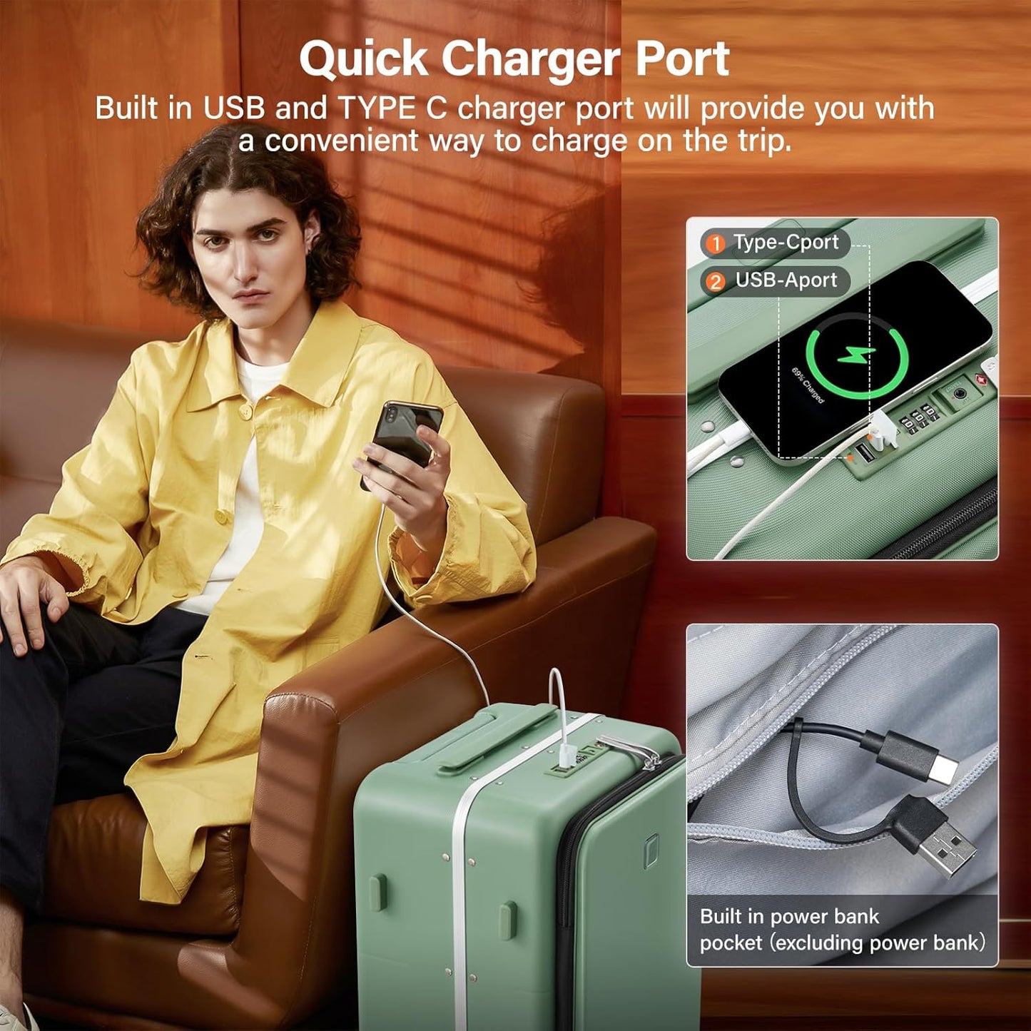 Hanke 28 Inch Luggage with Cup Holder and Charge,Top Opening Hard Shell Suitcases with Wheels and Dividers,Aluminum Frame Trunk Luggage Extra Large Suitcase with Lock for Travel,Forest Green