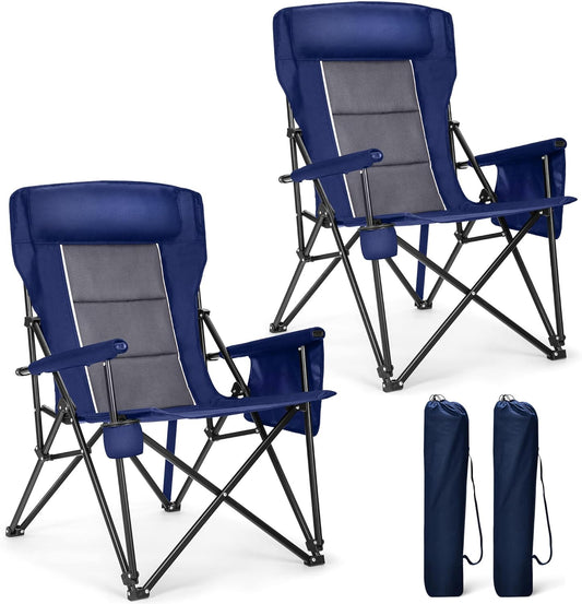 ALPHA CAMP Oversized Folding Camping Chairs High Backrest Heavy Duty Lawn Chairs for Adults Support 500 LBS Portable Camp Chairs with Cup Holders Large Side Pocket Outdoor Chair 2 Pack