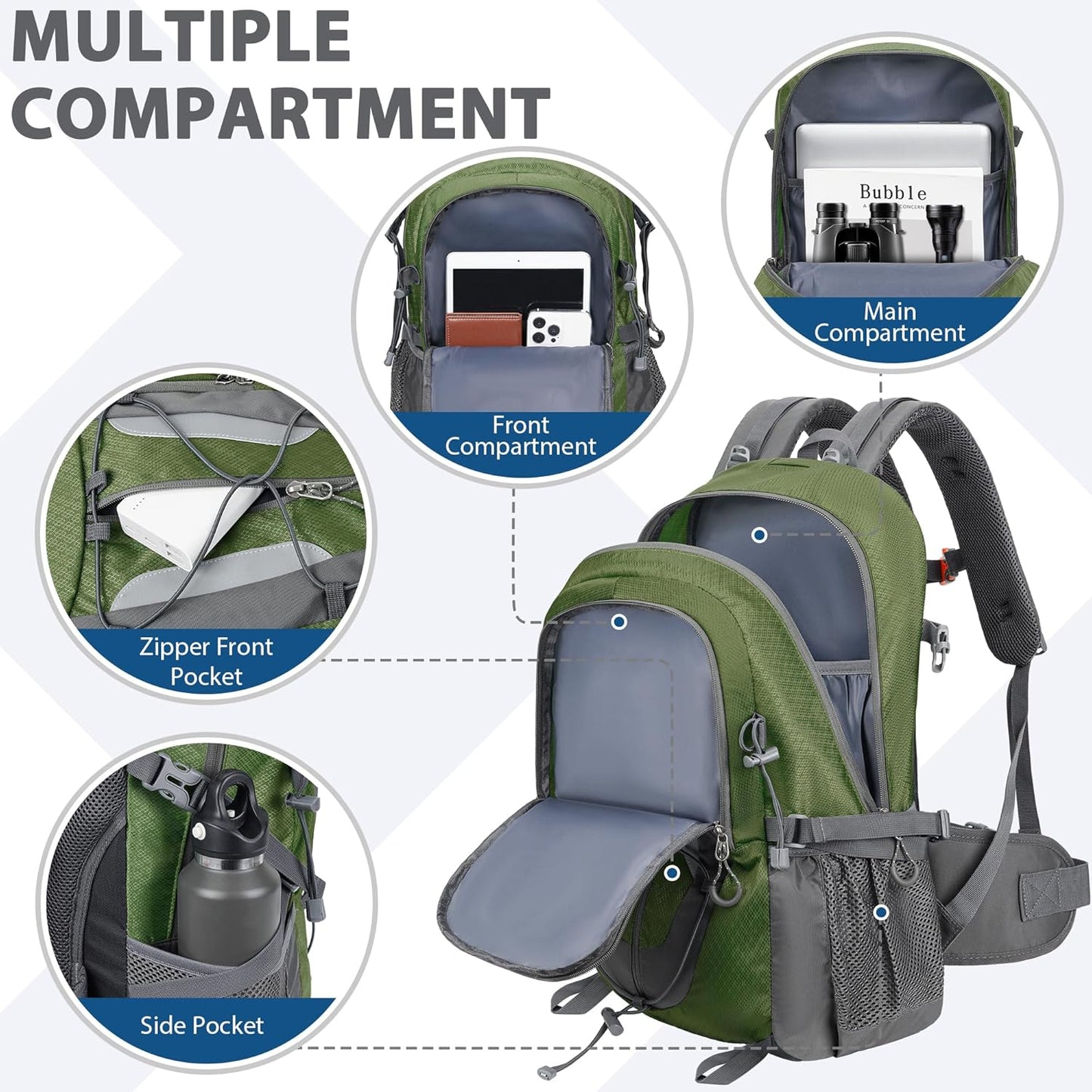 Hiking Backpack 30L Lightweight Travel Daypack Small Day Pack for Men Women Outdoor Camping Backpacking, Army Green