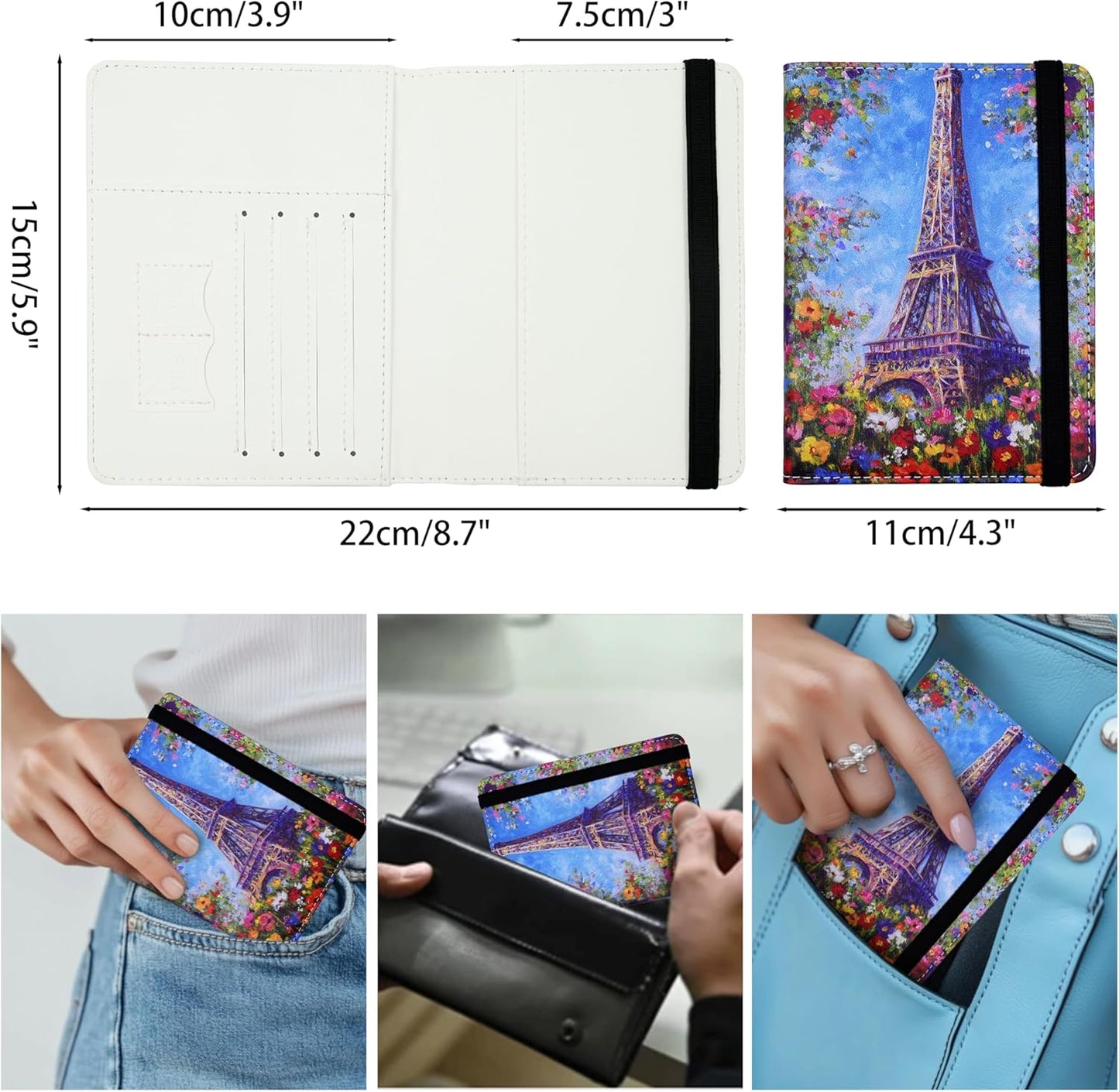 Passport Holder for Women and Men PU Leather Passport Cover for Travel (Eiffel Tower Floral)
