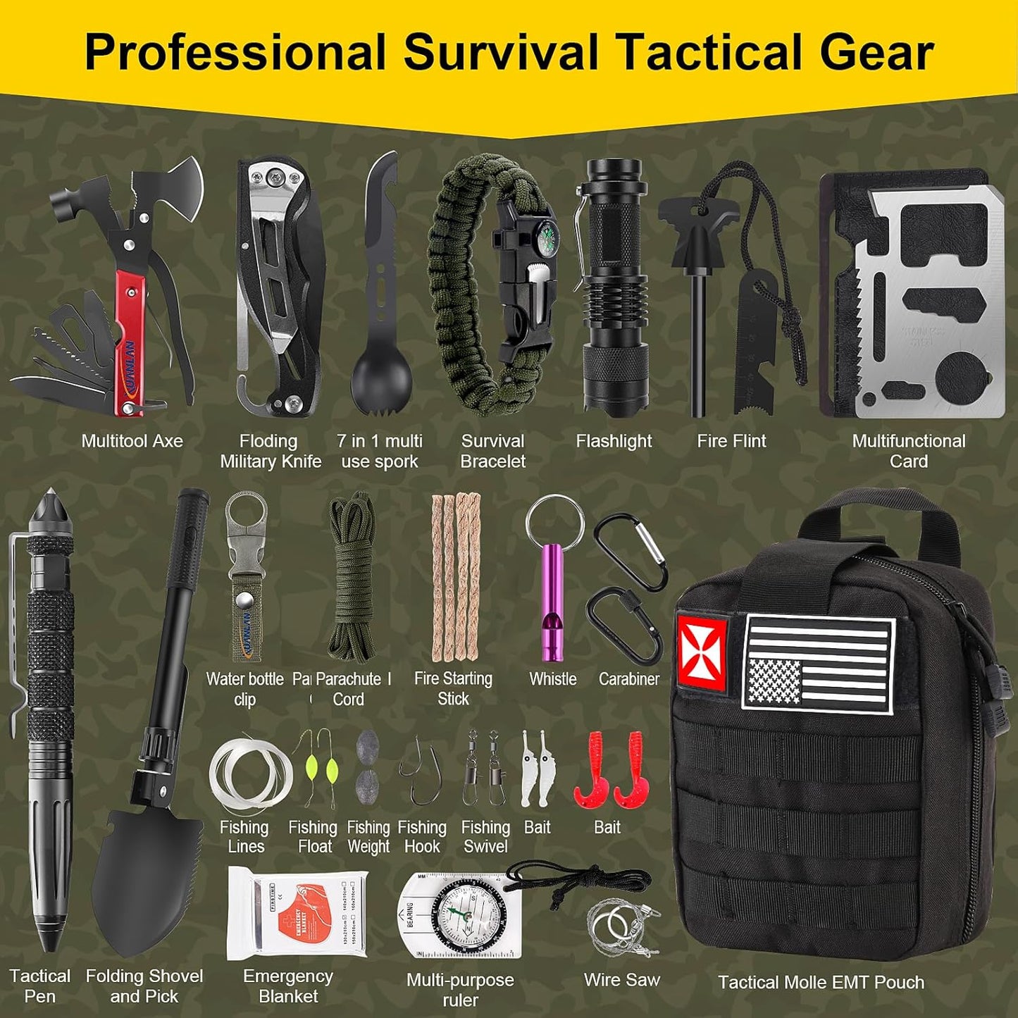Survival First Aid Kit, 248PCS Survival Tools Camping Essentials Tactical Gear Emergency Trauma Medical Supplies Packed in a MOLLE Pouch, Saber Card,Cool for Men Camping Hiking Outdoor Activities
