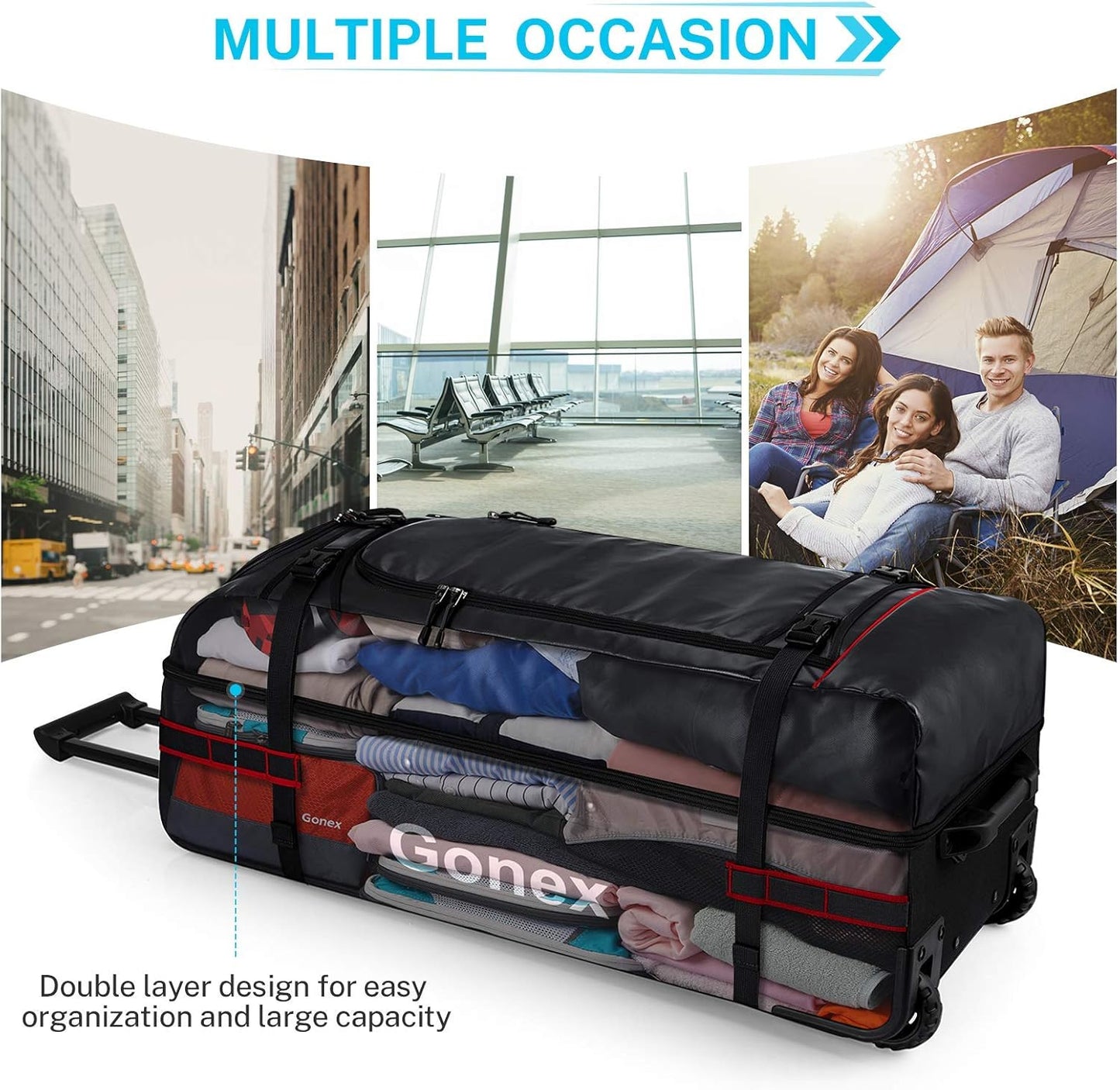 Gonex Rolling Duffle Bag with Wheels, 100L Water Repellent Large Wheeled Travel Duffel Luggage with Rollers 33 inch, Black