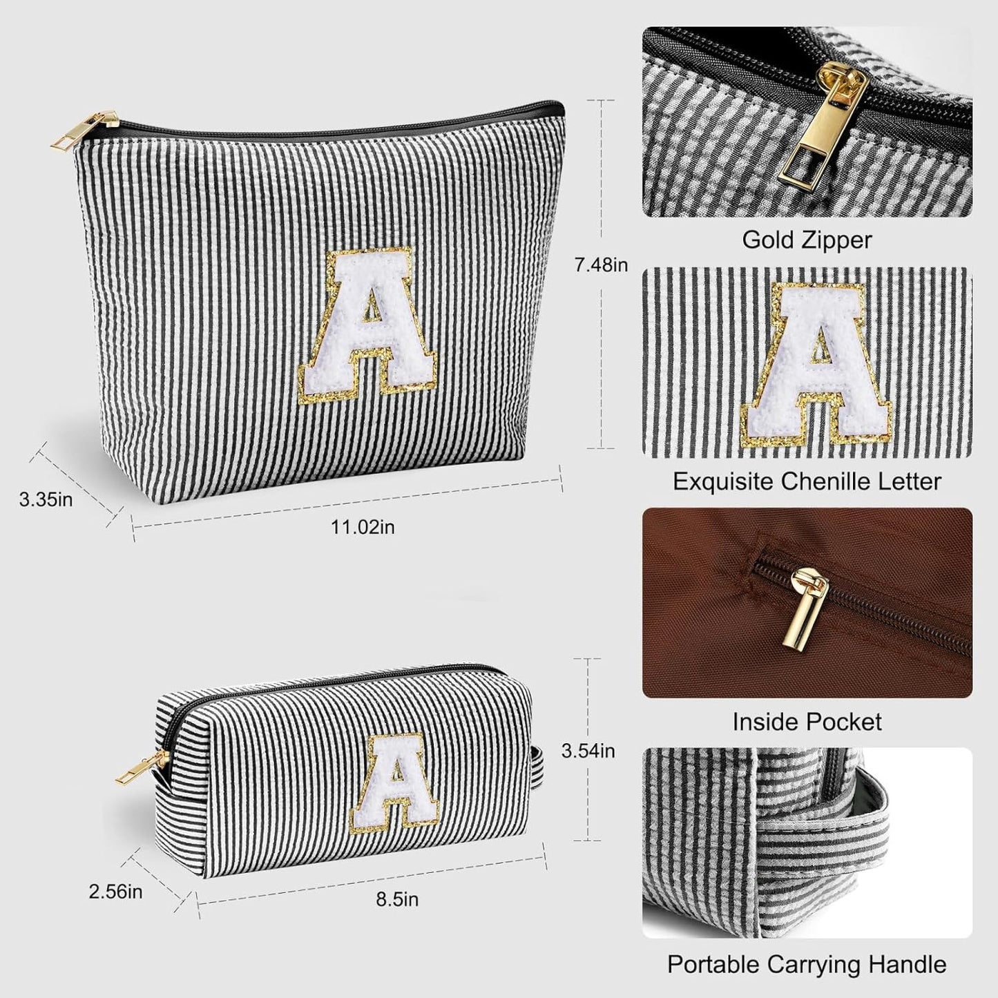 YOOLIFE Initial Monogram Cute Makeup Bags - Cosmetic Toiletry Pouch for Women's Friendship, Personalized Birthday Gifts - Black