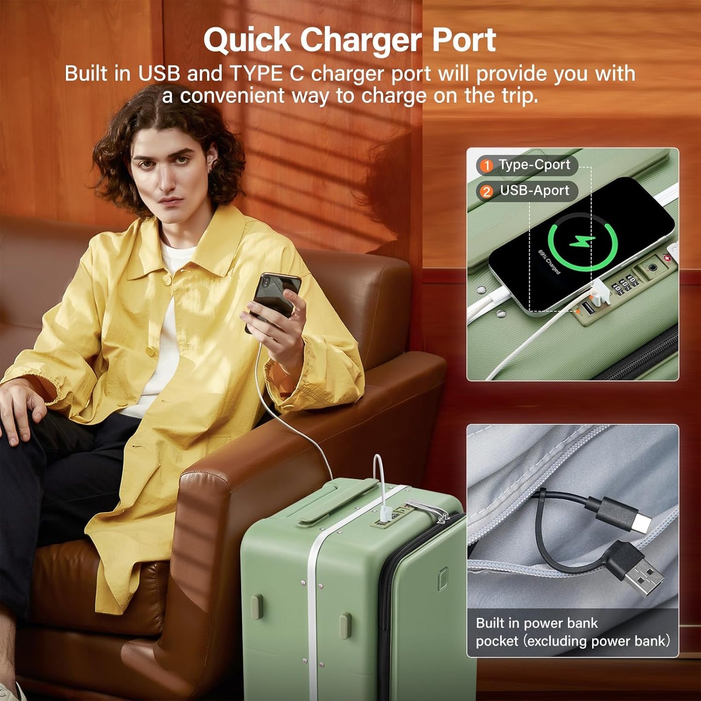 Hanke 20 Inch Carry On Luggage with Cup Holder and Charge,Top Opening Hard Shell Suitcases with Wheels and Dividers,Aluminum Frame Trunk Luggage Small Suitcase with Lock for Travel,Bamboo Green