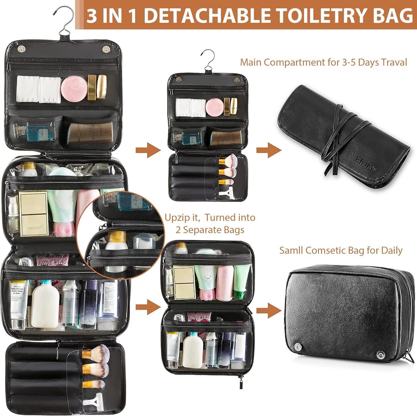 Elviros Hanging Toiletry Bag Removable Travel Bag PU leather Makeup Cosmetic Organizer Kit, Black