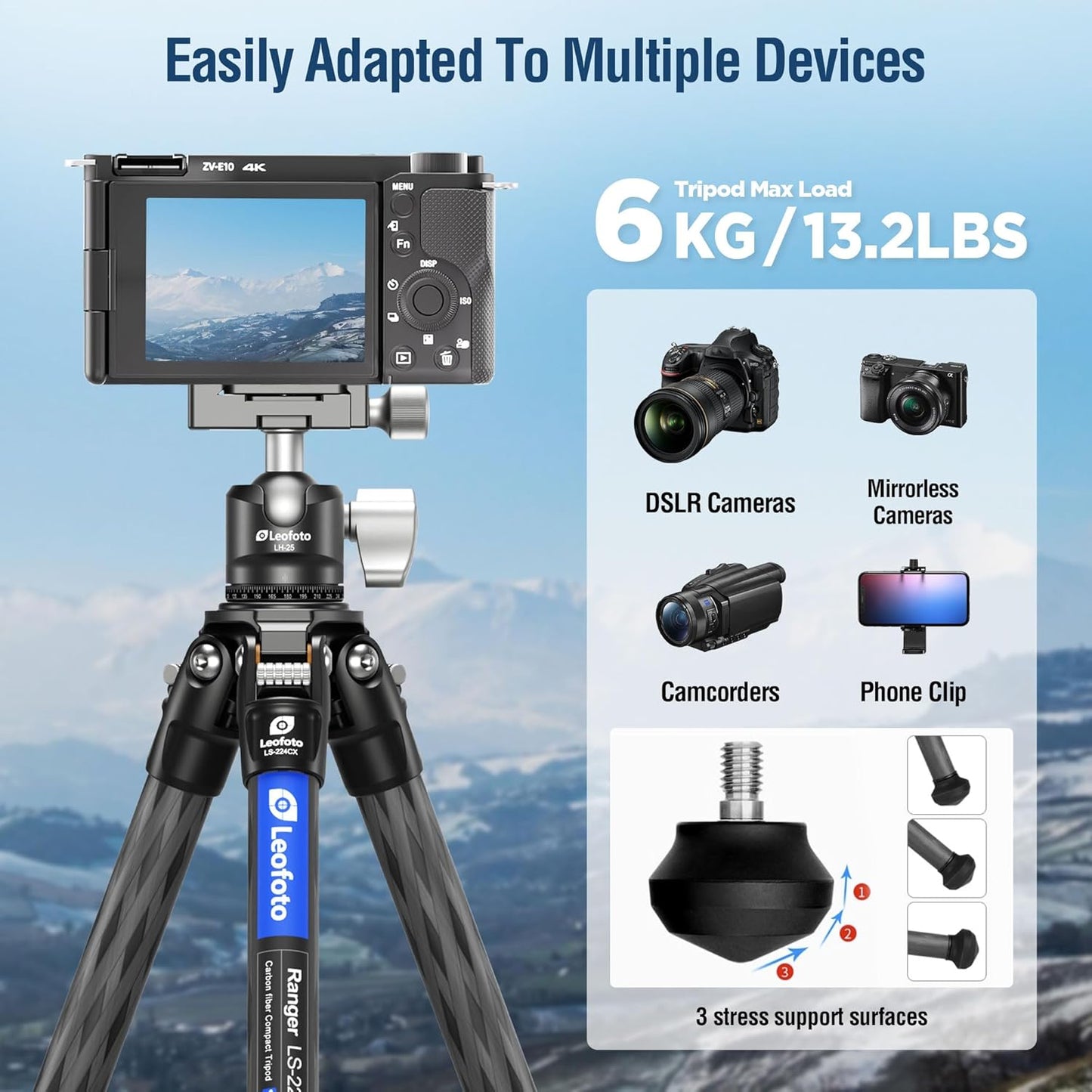 42.2" Carbon Fiber Travel Tripod with 4-Section Leg, Professional Shoot Tripod for Travel/Video/Live Streaming, Max Load 13.23lb with 1/4"-20 Threaded Accessory Socket