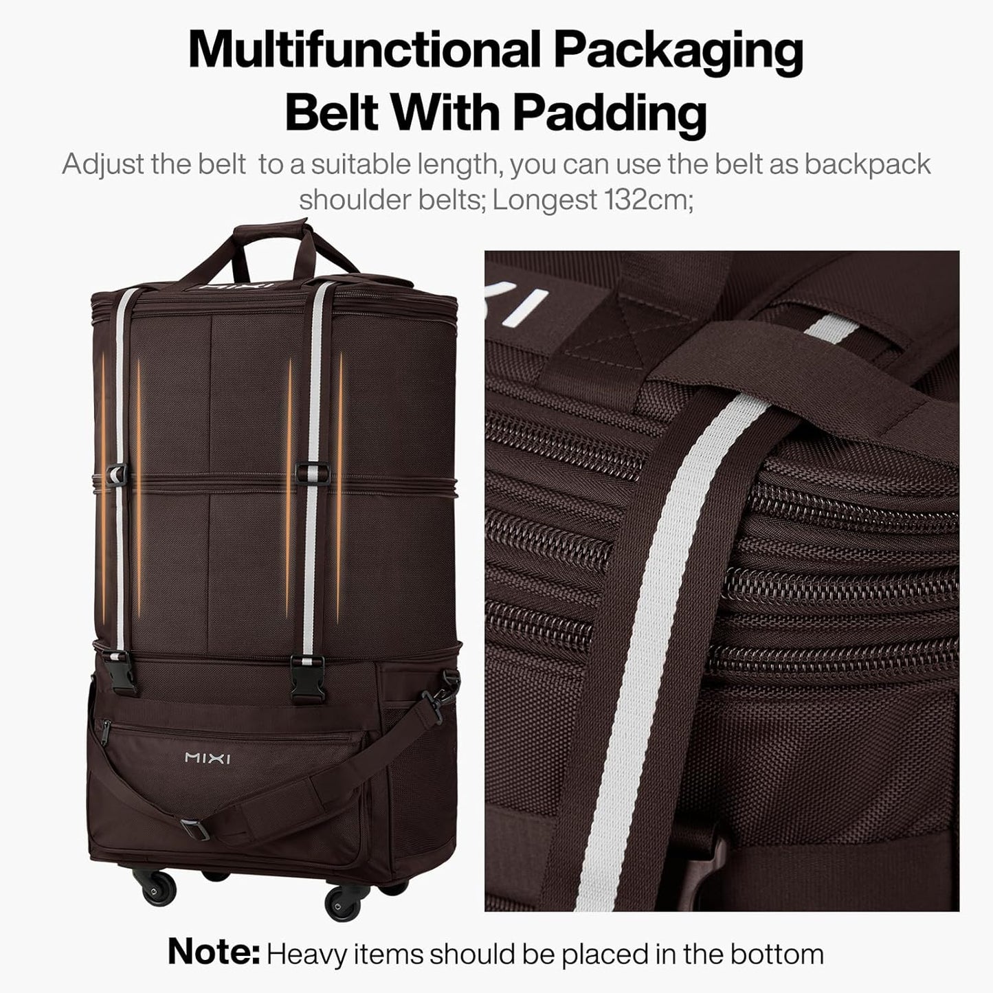 mixi Travel Bag with Wheels Expandable Foldable Luggage Bag Collapsible Rolling Travel Duffel Bags Large Capacity Suitcase for Men Women, Brown