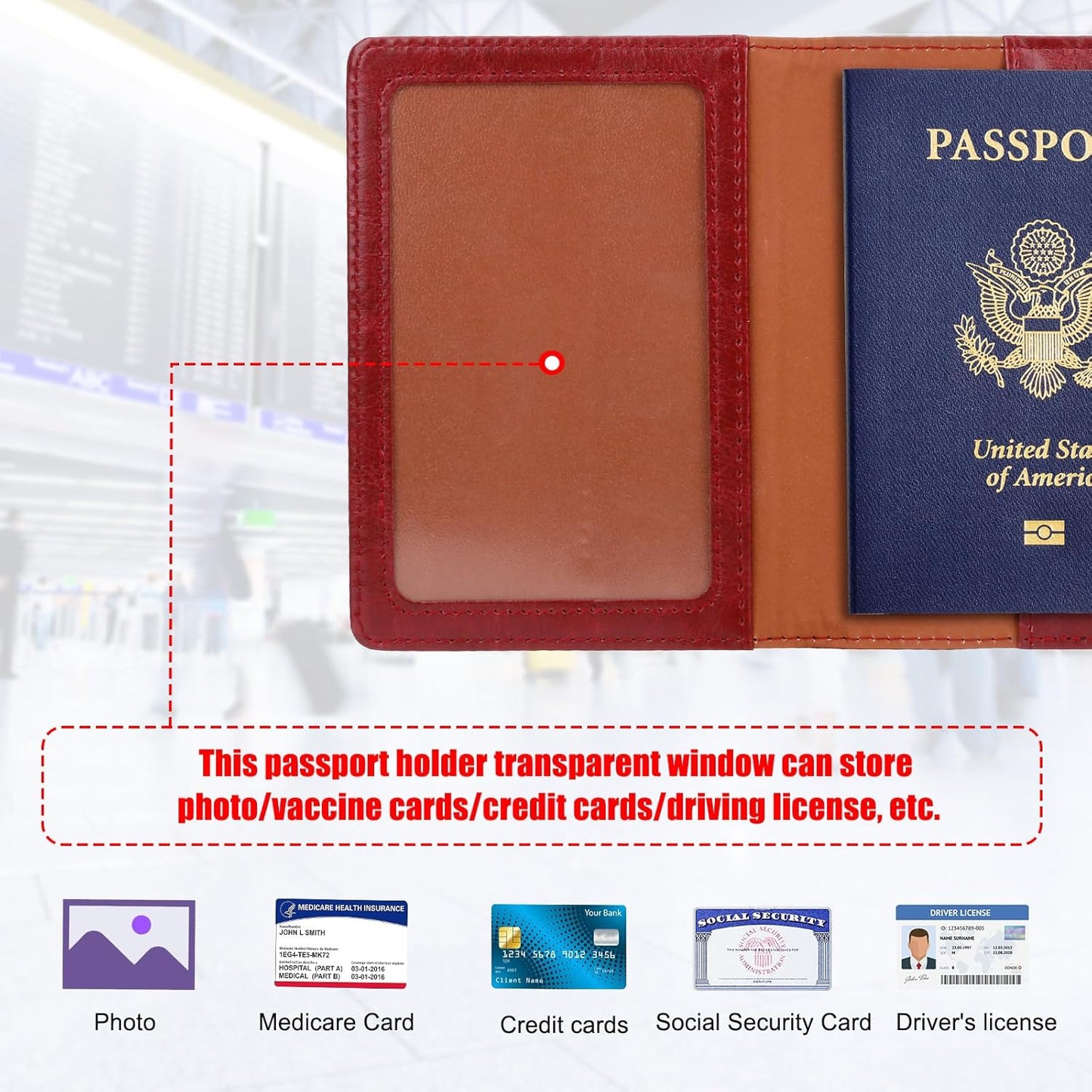 TIGARI Passport Holder for Travel Women Men, PU Leather Passport Wallet Cover Case Sleeve, Waterproof Protected Document Organizer, Family Vacation Plane Cruise Travel Essentials-Red