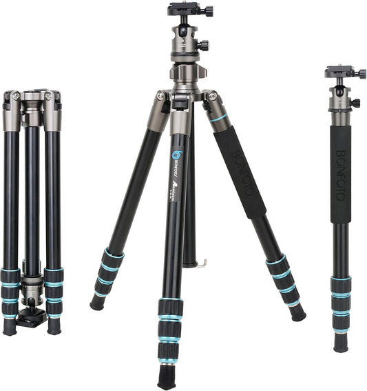 BONFOTO Portable Aluminum Alloy B674A Lightweight Camera Travel Tripod Monopod with Ball Head for DSLR (Bronze Grey)
