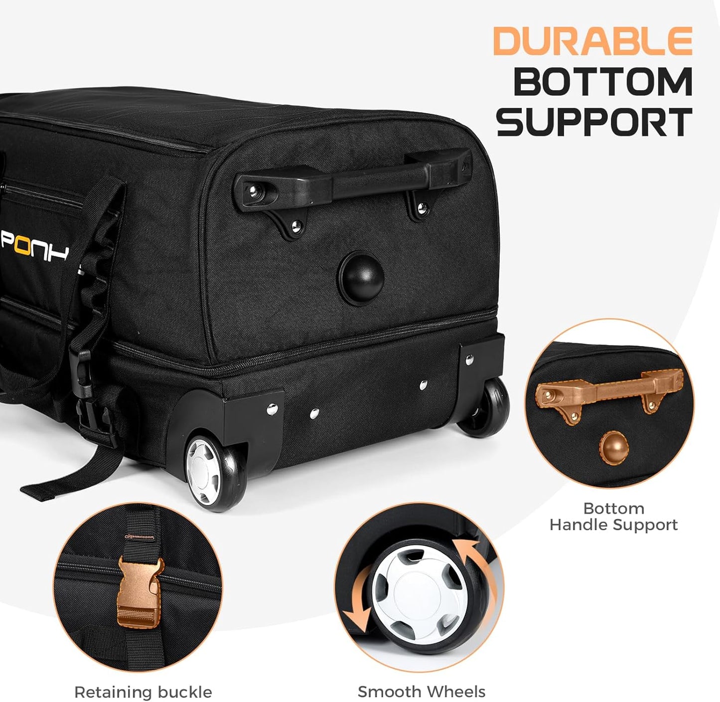 Rolling Duffle Bag with Wheels, Large Travel Duffel Bag with Shoe Compartment, Water Resistant Rolling Wheeled Luggage for Men Women Weekender Overnight Trip