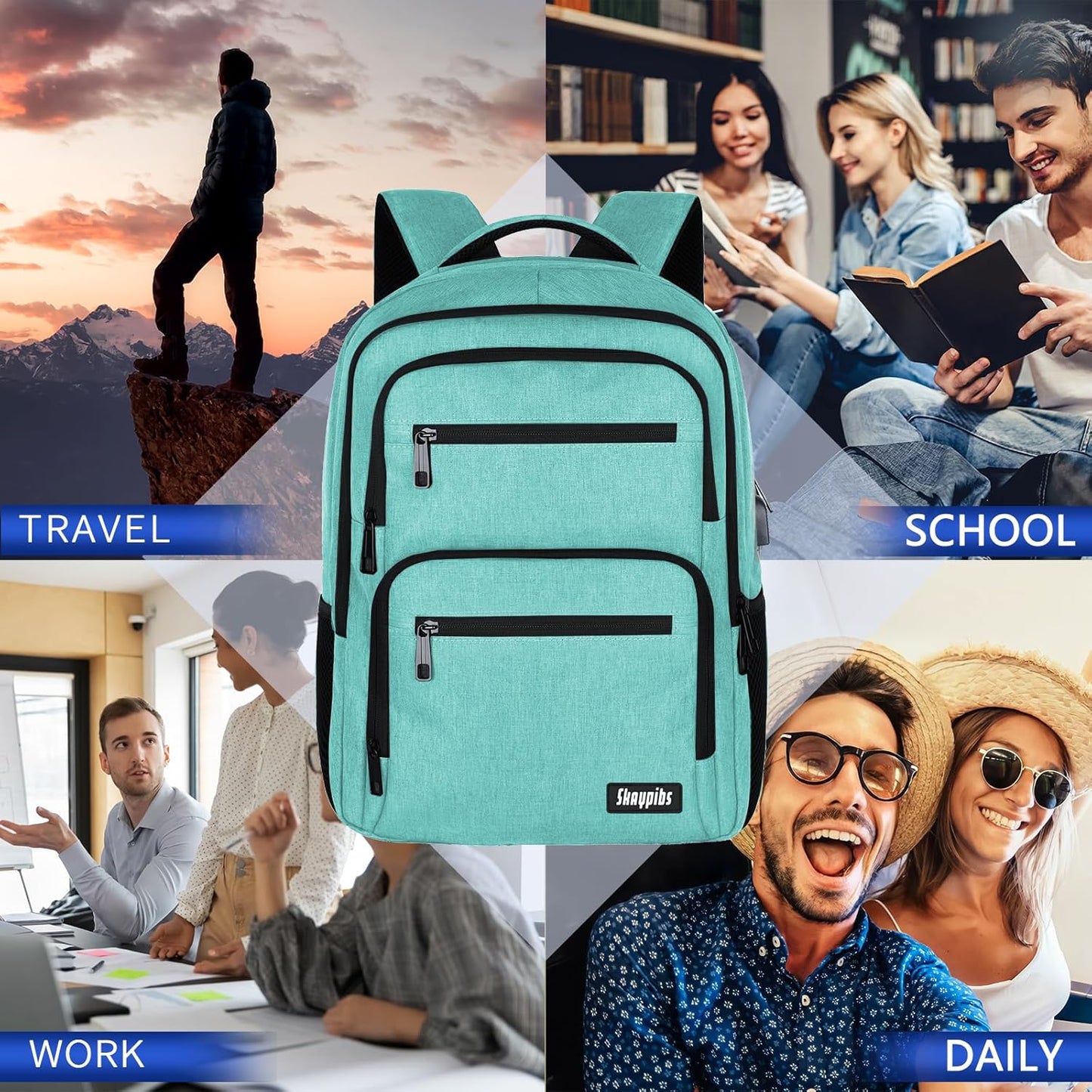 Backpck for Women Men, School backpacks for Girls Teen Boys, 15.6 inch Laptop Back Packs with USB Charger Port, Mochilas for Business, College, Cyan