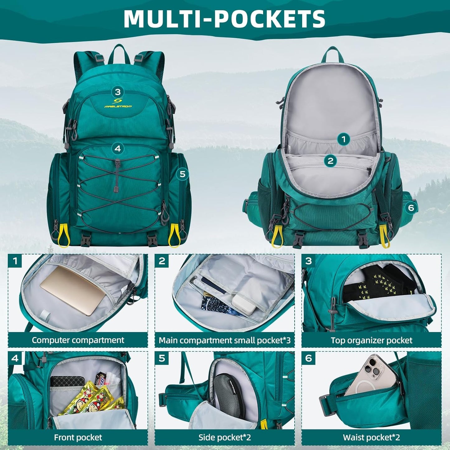 Maelstrom Hiking Backpack,40L Waterproof Camping Backpack,Men Women Packable Hiking Daypack with Rain Cover,Lightweight Travel Backpack-Green