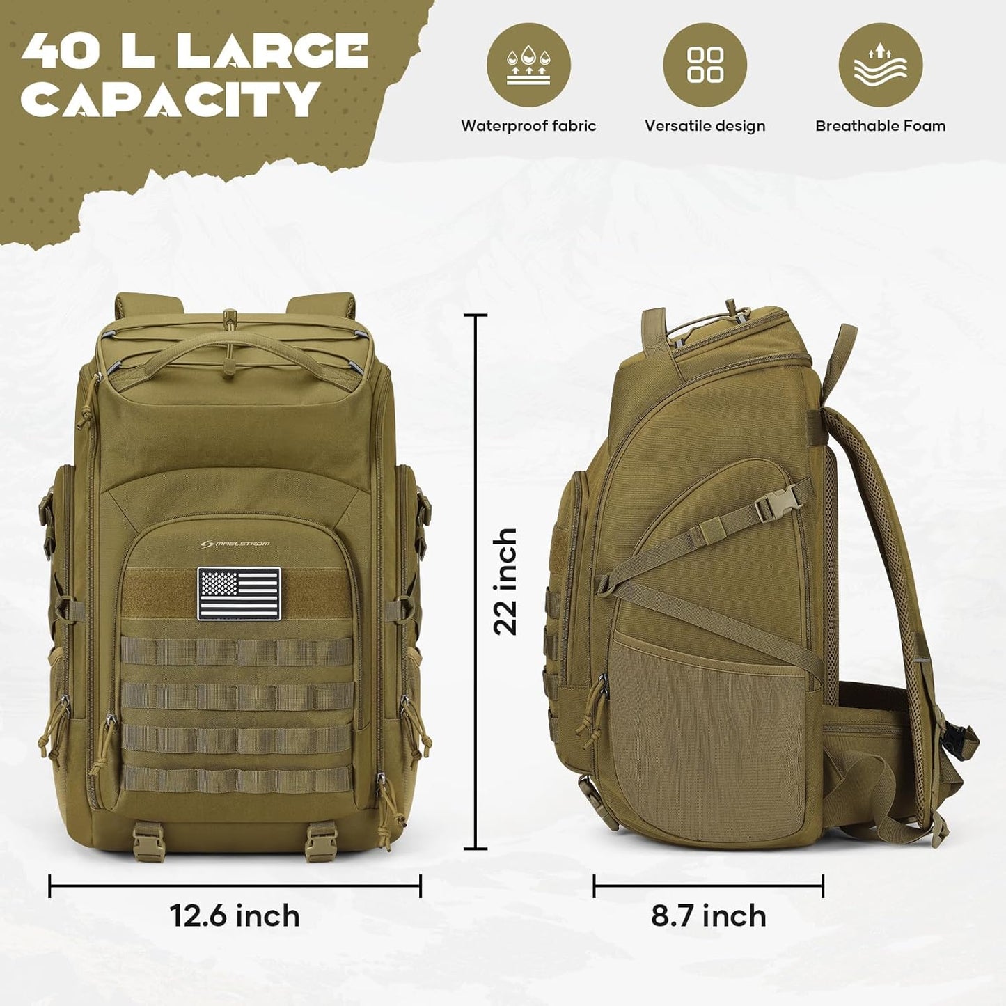 Maelstrom Tactical Backpack for Men, 40L Military Backpack,Water Resistant Assault Pack for Women, 3-Day Bug Out Bag for Hiking, Camping, Gym with Molle System-Khaki