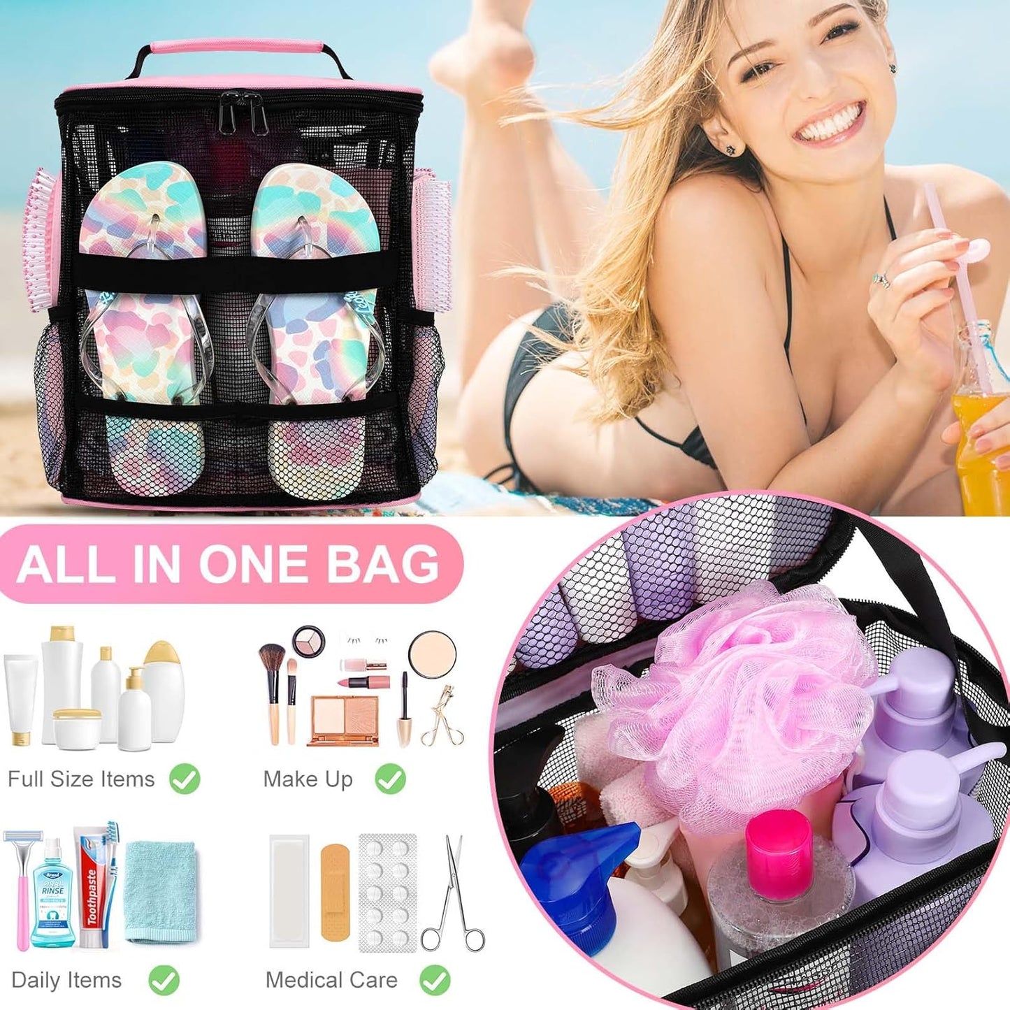 Mesh Shower Caddy,Portable HangingTravel Toiletry Bag Dorm Room Essentials for College Students Girls,Large Makeup Organizer for Full-Sized Toiletries,Travel Essentials for Women Girls Camping Beach