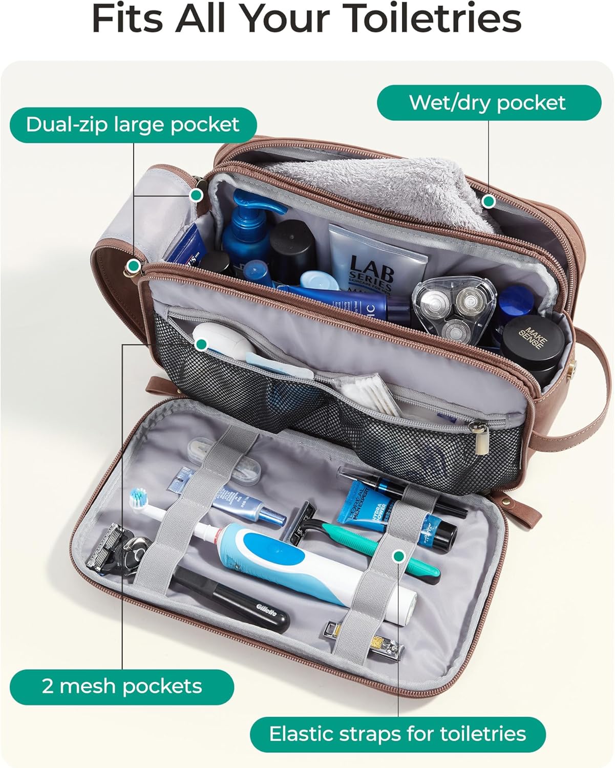 BAGSMART Toiletry Bag for Men, PU Leather Travel Bag for Toiletries, Dopp Kit Water Resistant Shaving Bag for Bathroom Shower-Light Brown