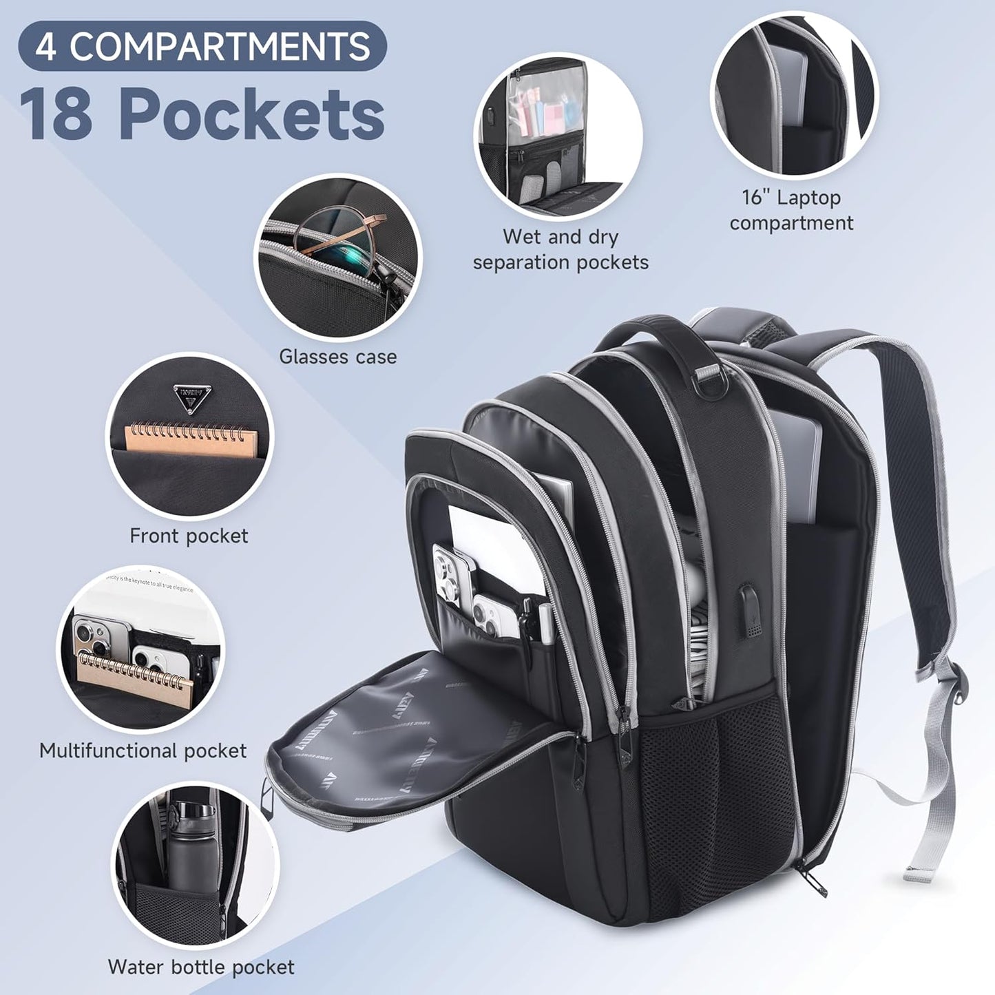 Multipocket TSA Black Travel Laptop Backpack for Men, Anti-Theft Business Daypacks, Airline Approved Personal Item Work Bag, Water Resistant 16 Inch Work Computer Backpack