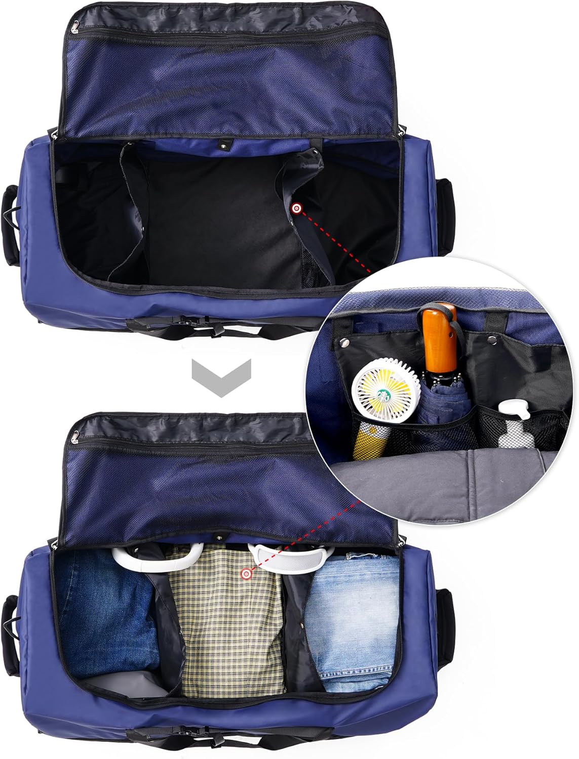 CONTAIL 32”110L Expandable 140L Rolling Duffle Bag with 2 Inline Wheels,Convertible Weekend Travel Bag with Bungee-Cord System,Navy