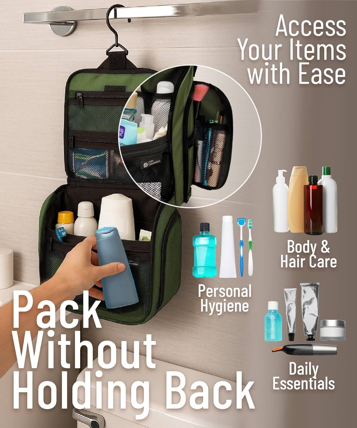 DD D&D Wanderlust D&D Hanging Travel Toiletry Bag for Men and Women – Cosmetics, Makeup and Toiletries Organizer Kit with 10 Compartments, XXL Metal Swivel Hook, Water-Resistant Nylon