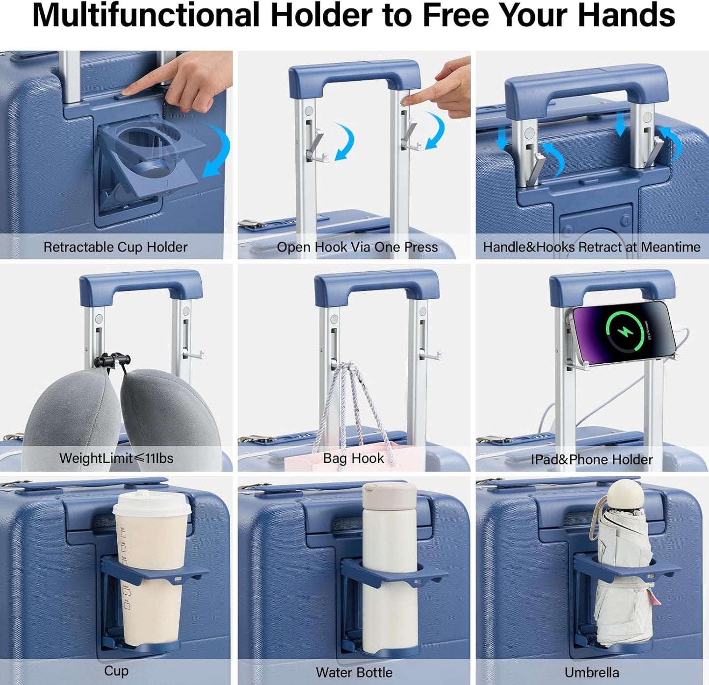 Hanke 20 Inch Carry On Luggage with Cup Holder and Charge,Top Opening Hard Shell Suitcases with Wheels and Dividers,Aluminum Frame Trunk Luggage Small Suitcase with Lock for Travel,Interstellar Blue